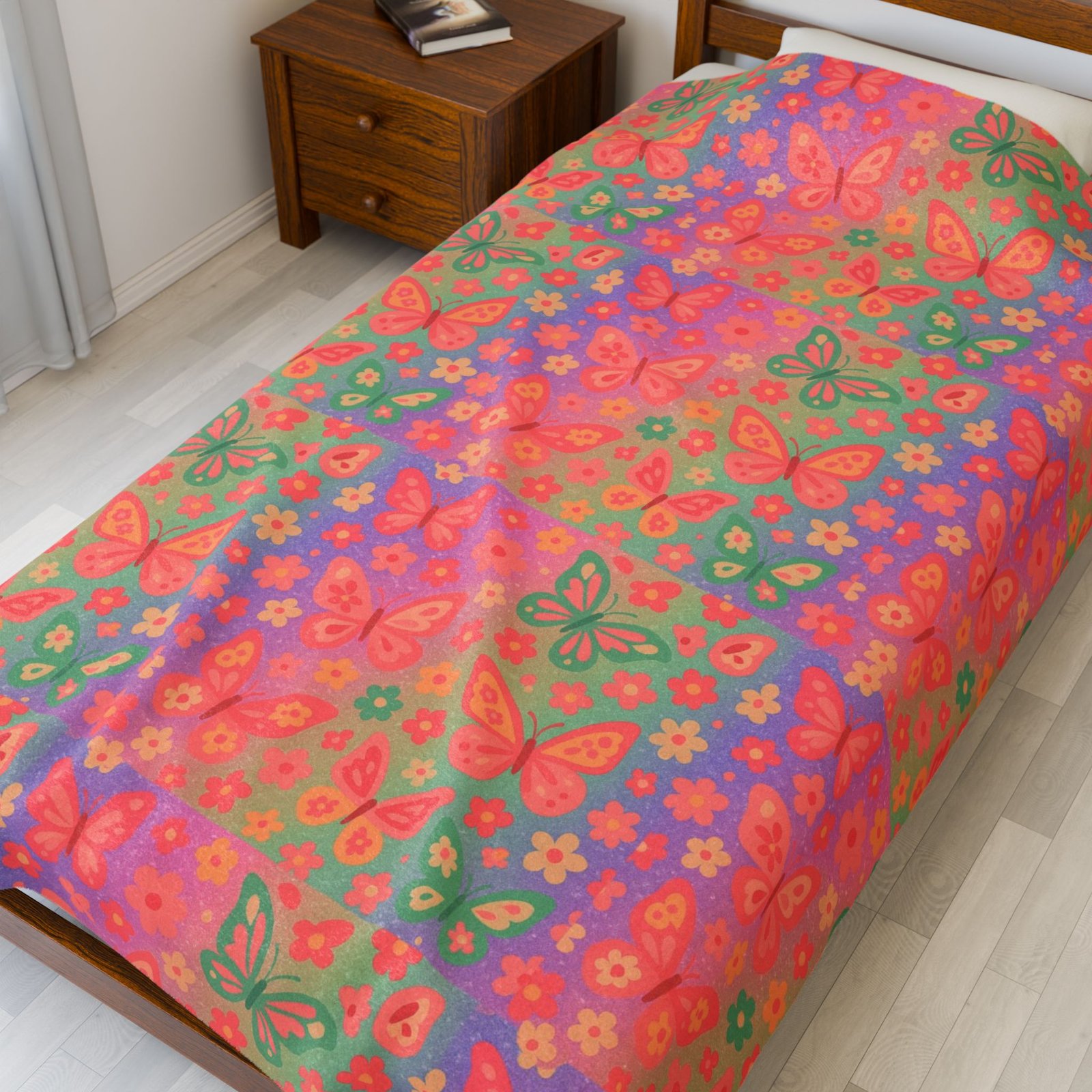 Butterfly Pattern Velveteen Plush Blanket | Pink Orange Floral Throw - Image 7