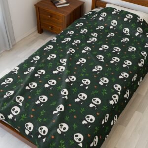 Panda Pattern Velveteen Plush Blanket | Green Skull Floral Repeat