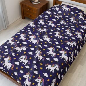 Cute Rainbow Unicorn Pattern Velveteen Plush Blanket | Navy Stars Clouds