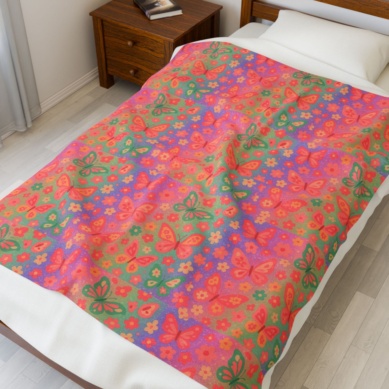 Butterfly Pattern Velveteen Plush Blanket | Pink Orange Floral Throw