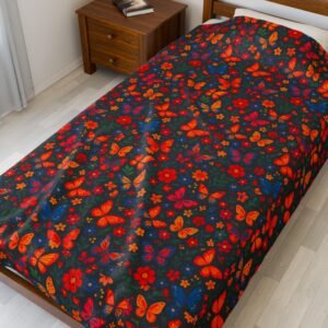 Autumn Butterflies Velveteen Plush Blanket | Fall Leaf Pattern, Cozy Throw Blanket, Fluttering Butterfly Bedding, Soft Autumn Lap Blanket,
