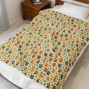Autumn Woodland Animals Velveteen Plush Blanket | Fox & Mushroom Pattern