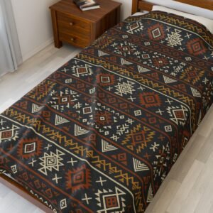 Southwestern Aztec Pattern Velveteen Plush Blanket | Rustic Tribal Stripes
