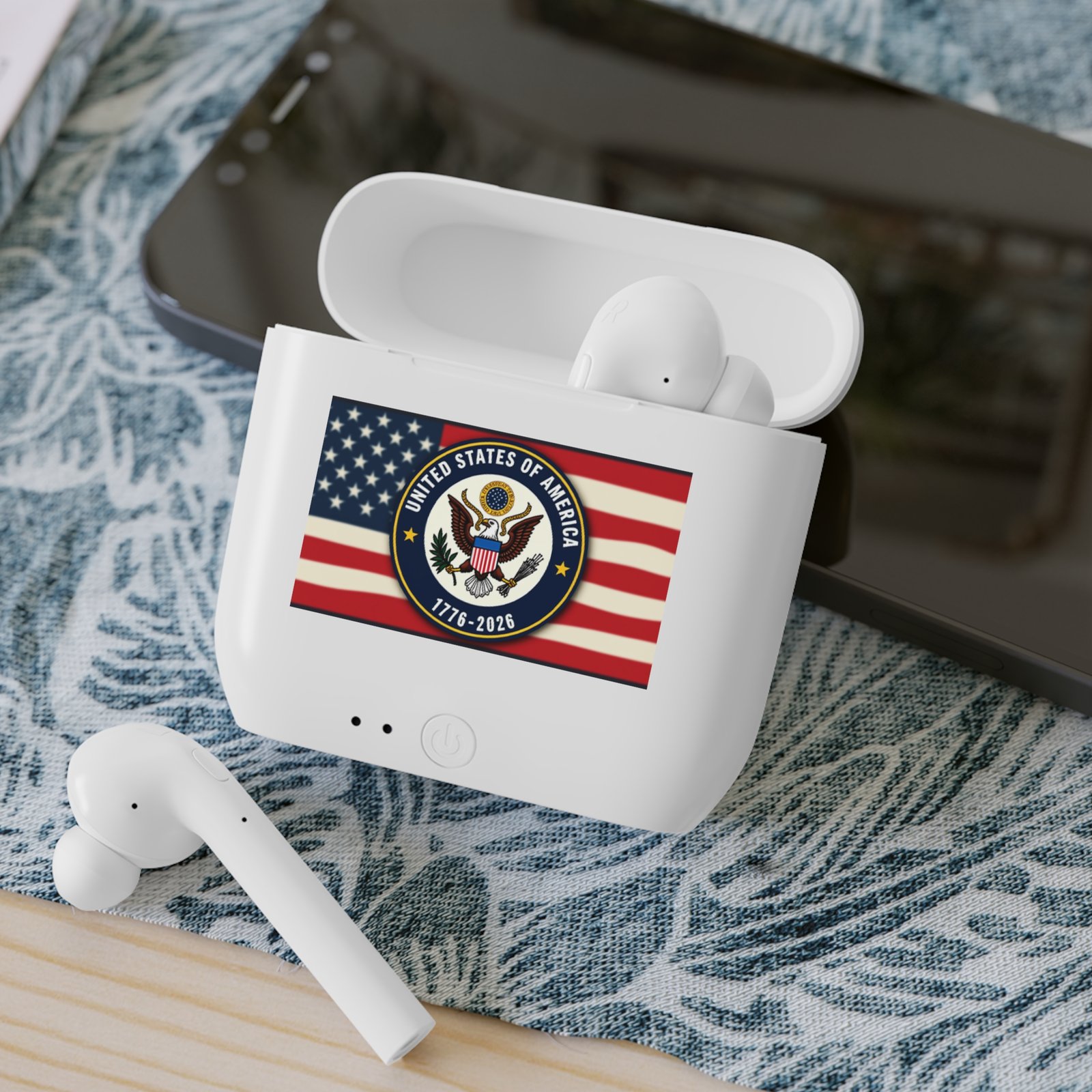 Patriotic Earbuds, American Flag Wireless Headphones, Independence Day Gift, USA 1776-2026 Tech Accessories, Fourth of July Music Gear