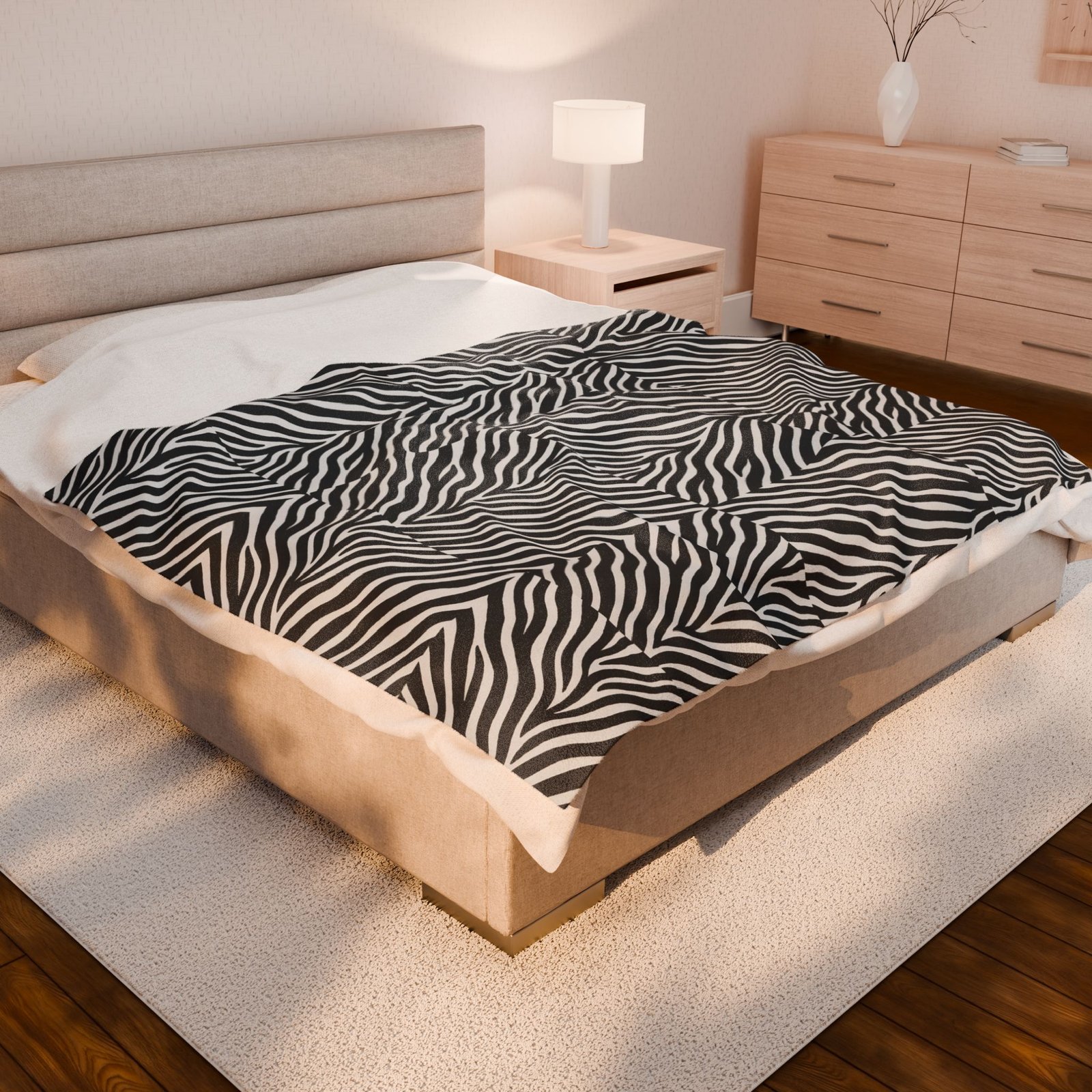 Zebra Stripe Pattern Velveteen Plush Blanket | Black White Animal Print - Image 8
