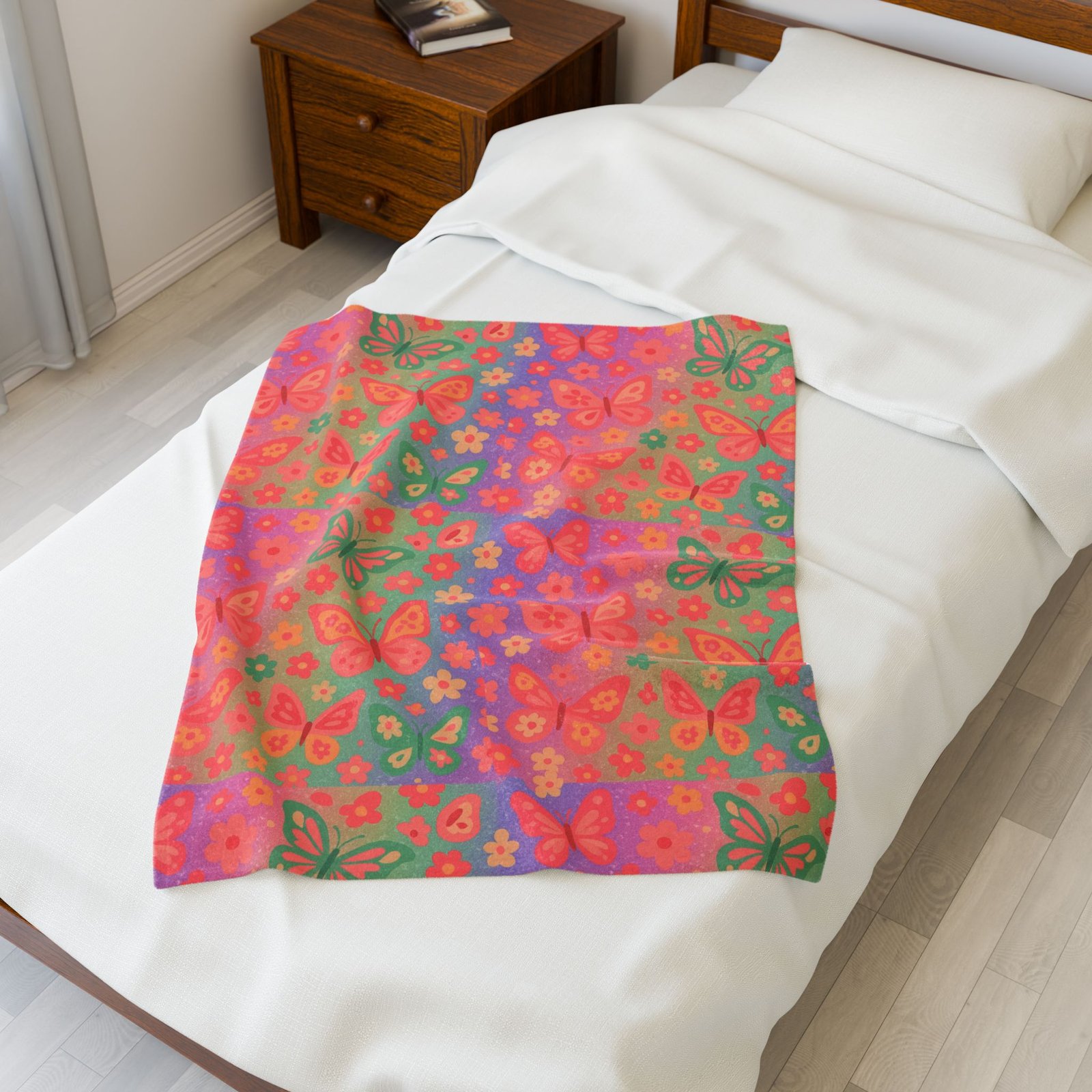 Butterfly Pattern Velveteen Plush Blanket | Pink Orange Floral Throw - Image 11