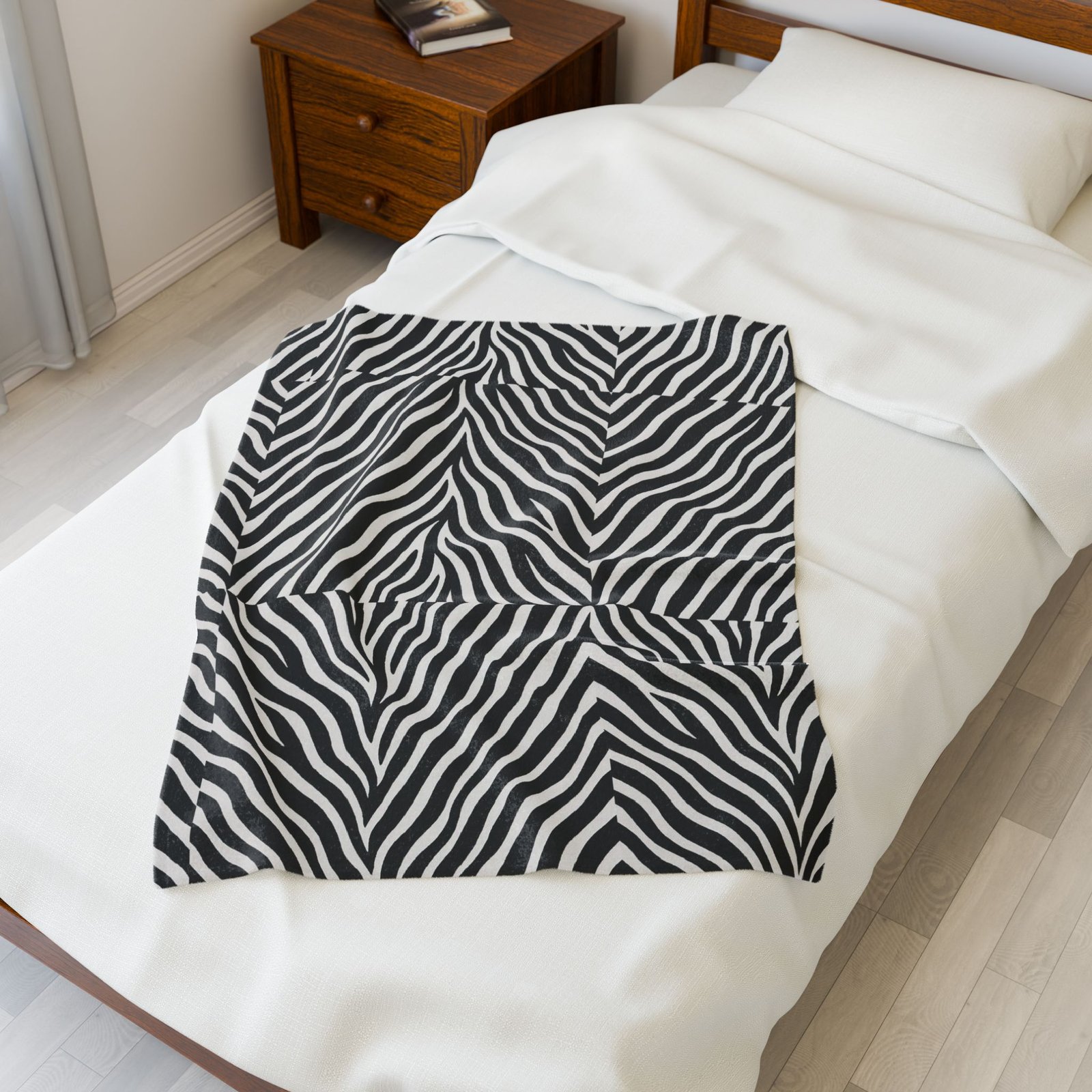 Zebra Stripe Pattern Velveteen Plush Blanket | Black White Animal Print - Image 11