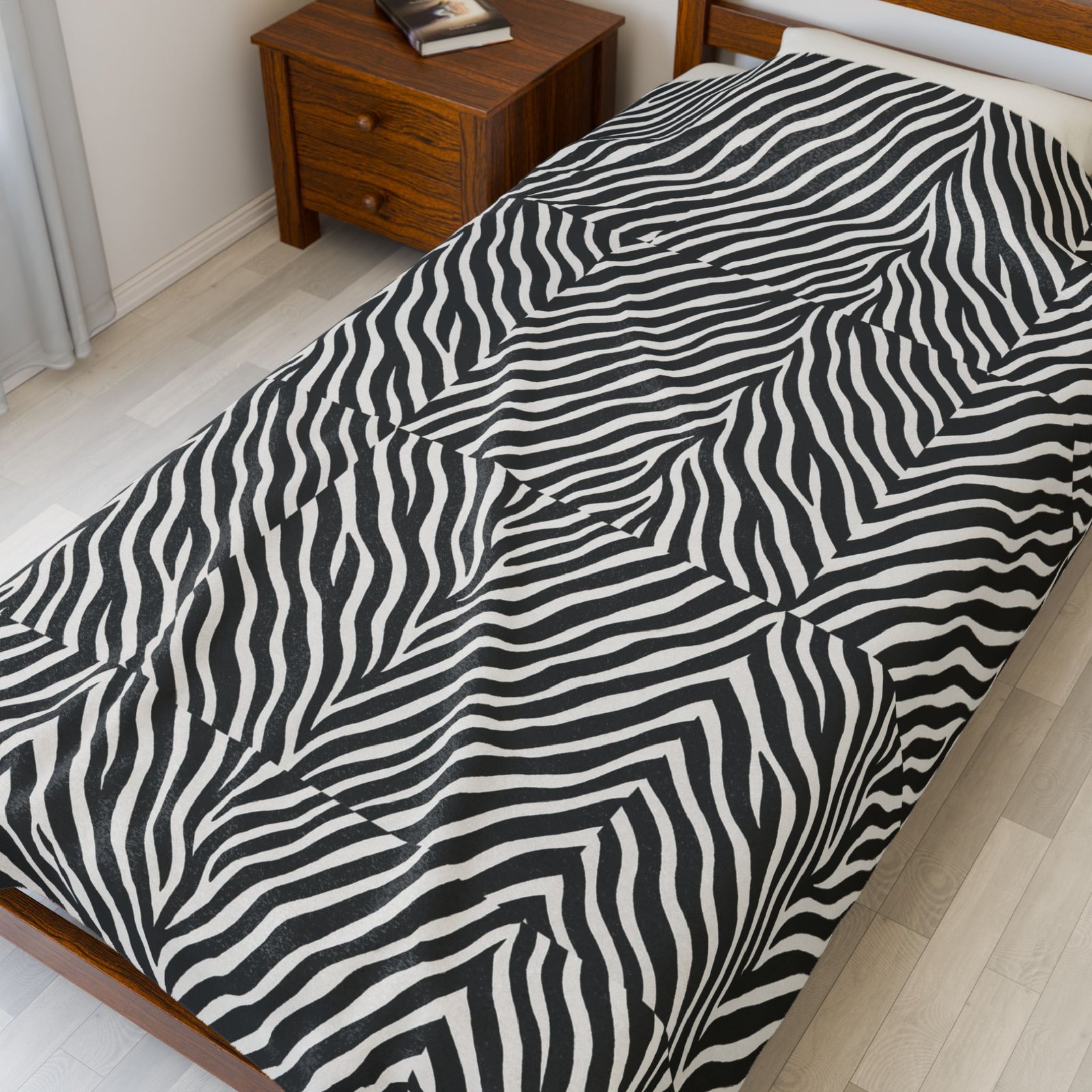 Zebra Stripe Pattern Velveteen Plush Blanket | Black White Animal Print - Image 7