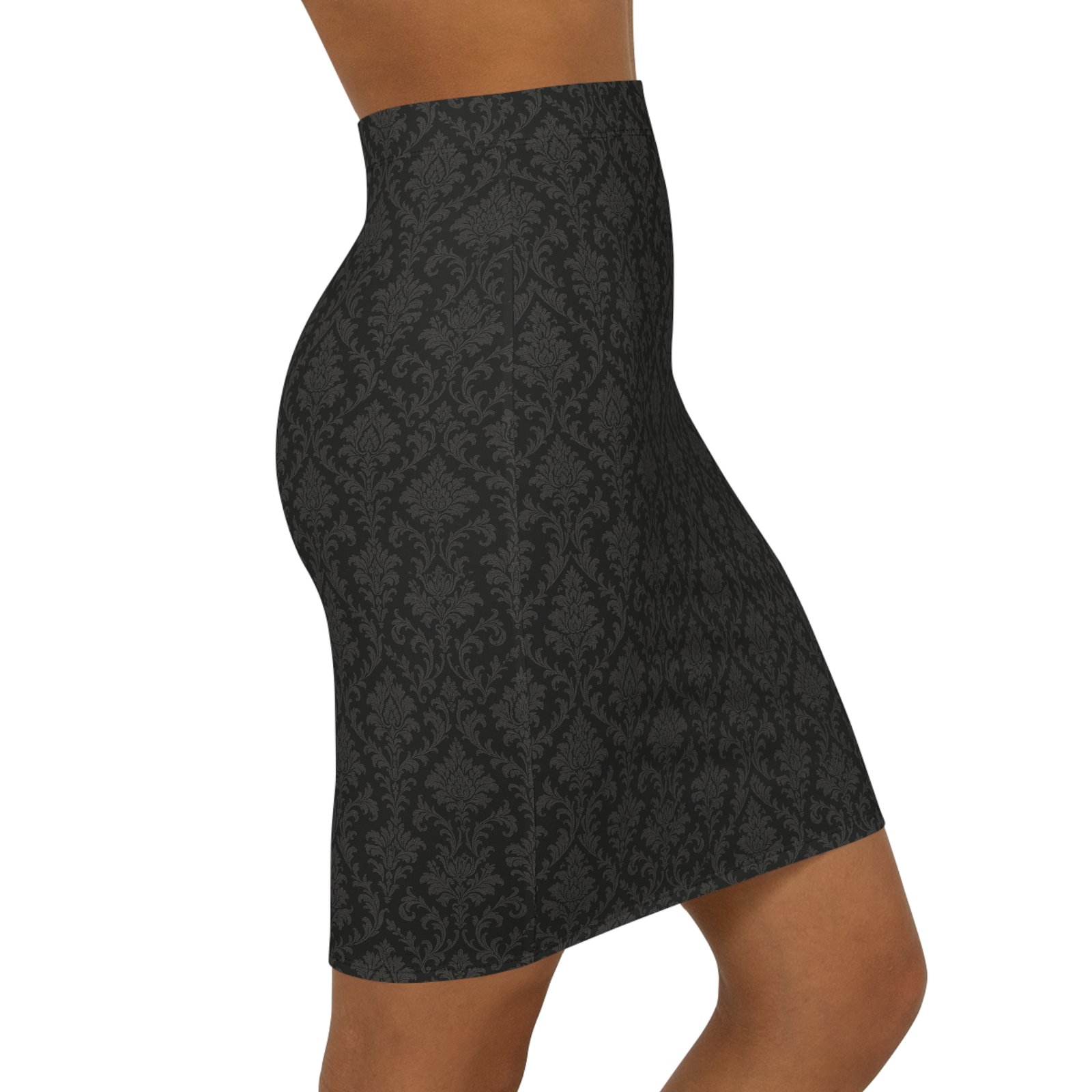 Black Damask Pattern Pencil Skirt | Mid-Waist - Image 4