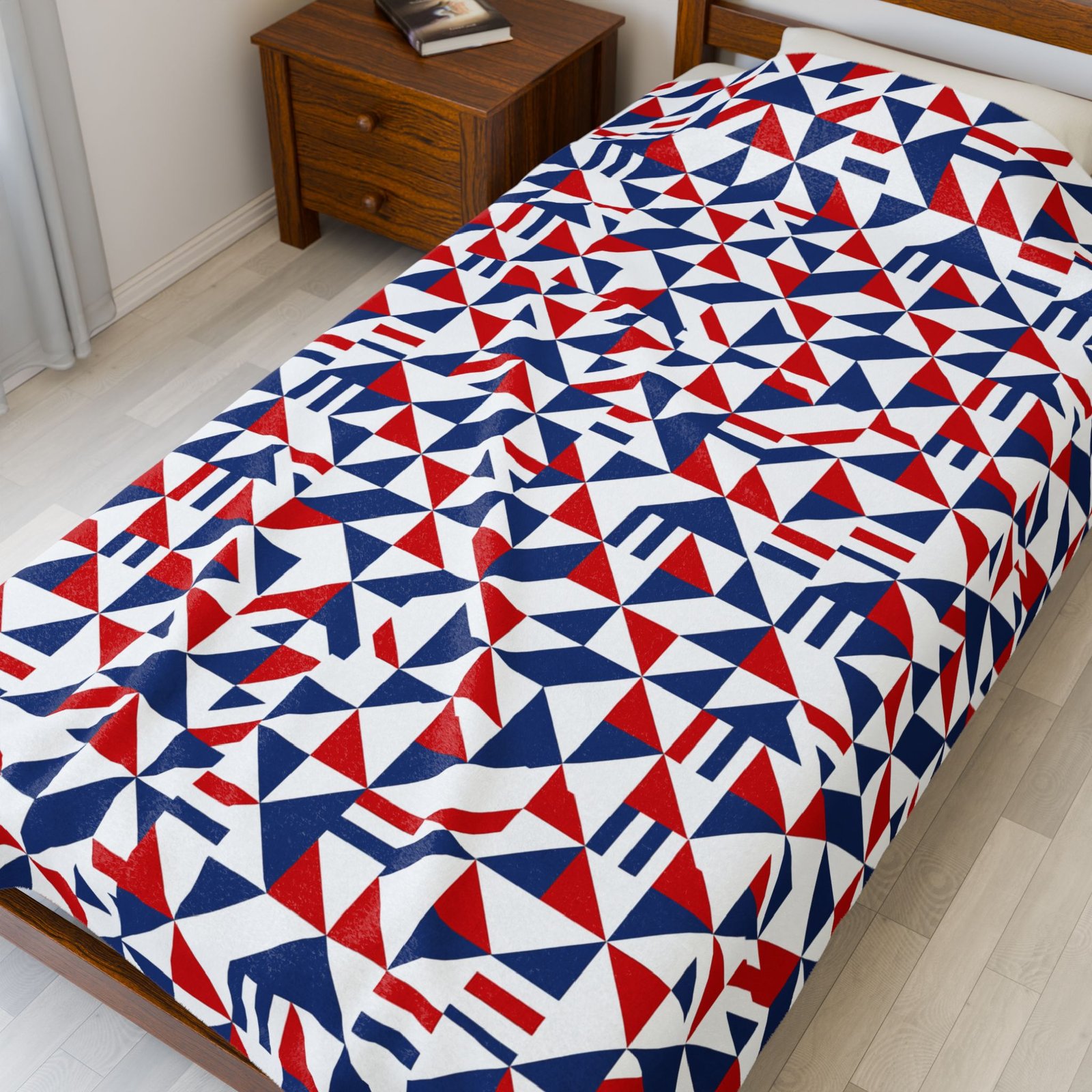 Geometric Red Blue Triangle Pattern Velveteen Plush Blanket | Nautical Modern Throw - Image 7