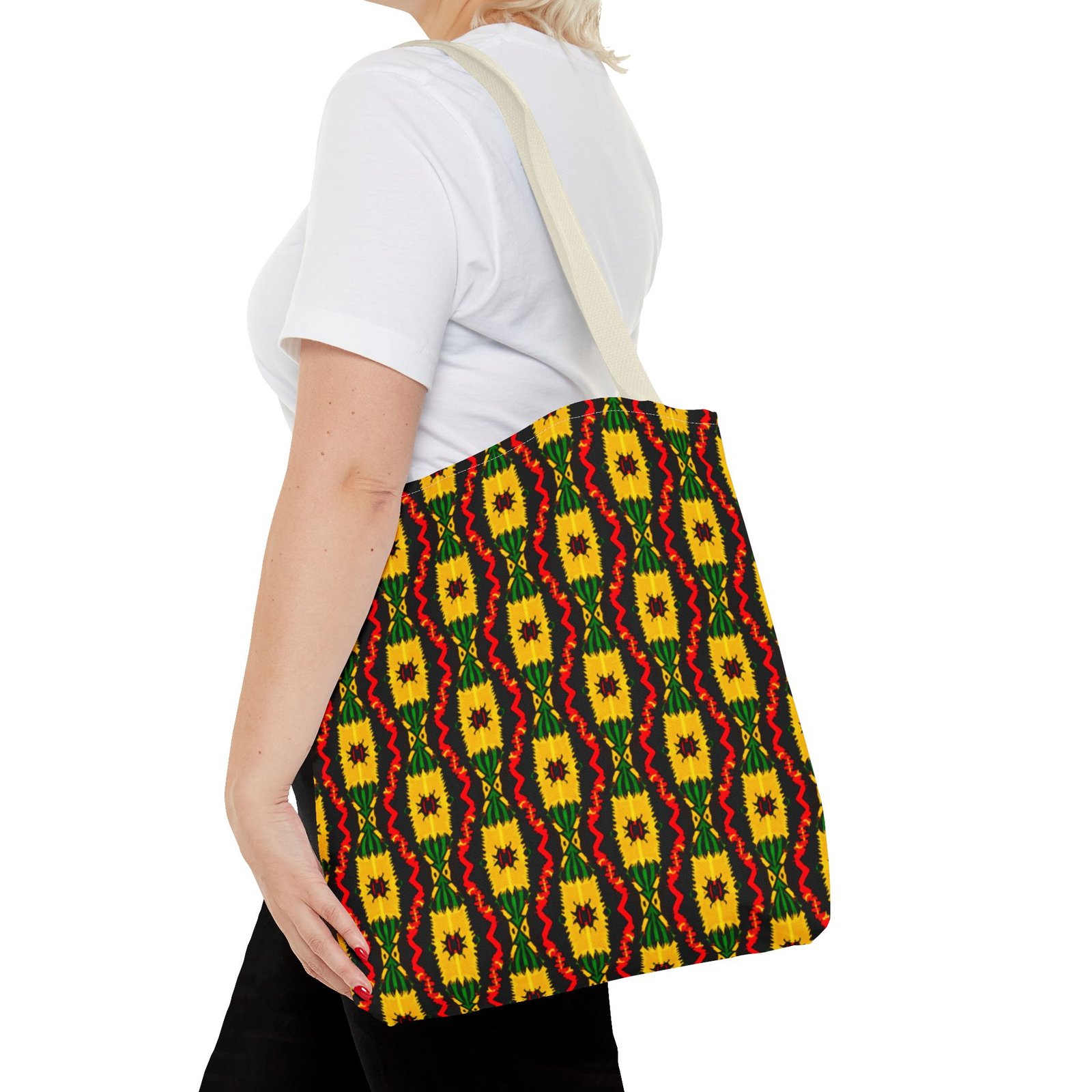 African Geometric Pattern Tote Bag | Yellow Red Green Print - Image 16