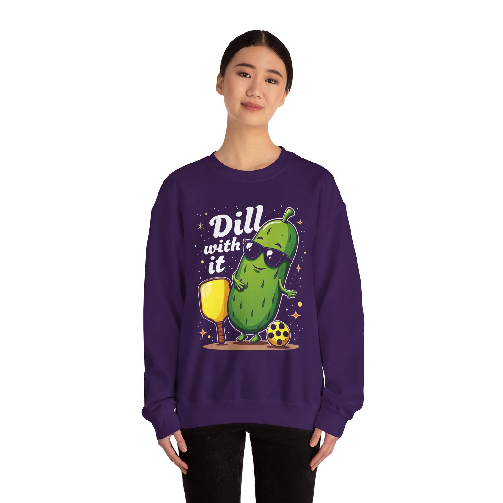 Dill With It pickle character Crewneck Sweatshirt | pickleball, funny pun - Image 29