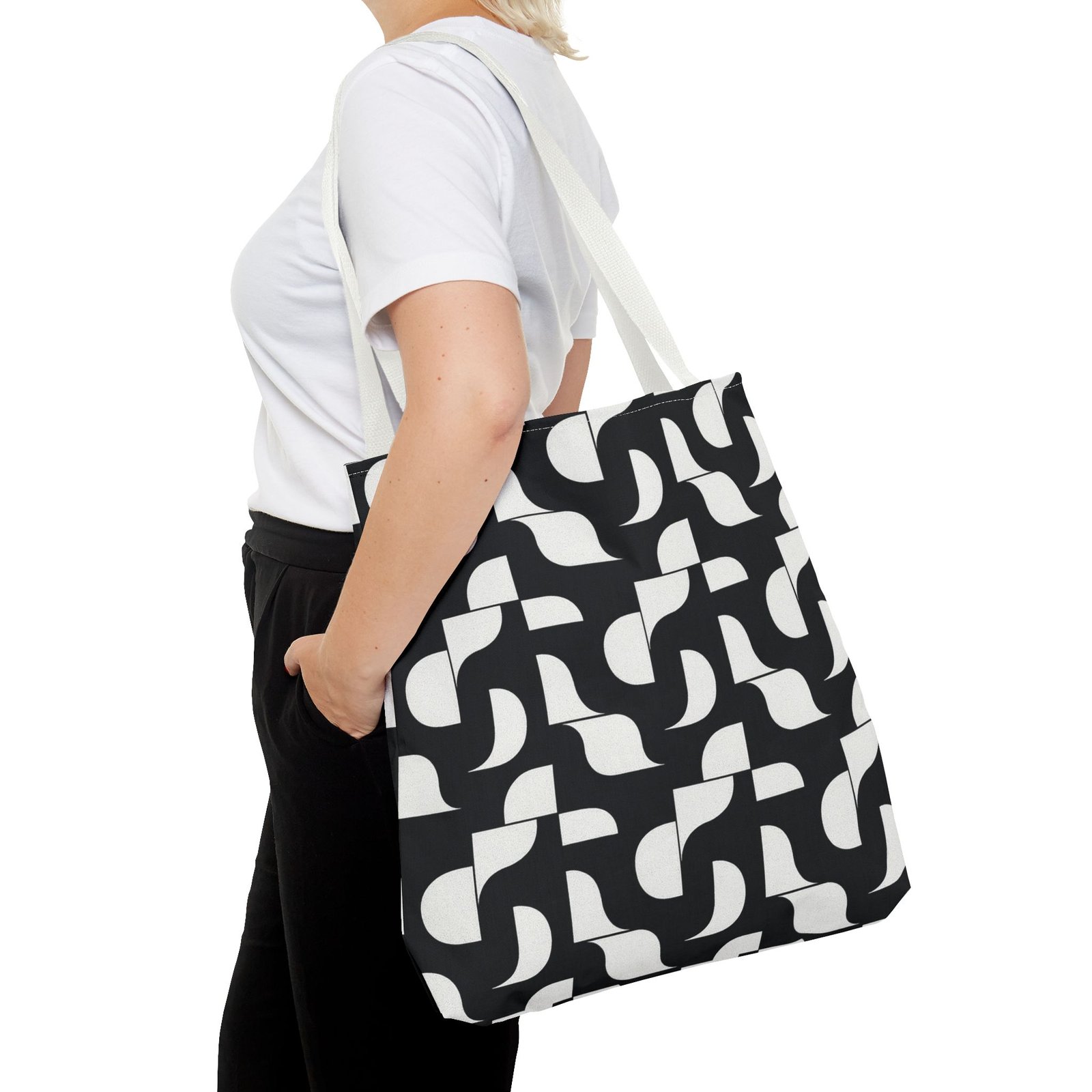 Monochrome Geometric Tote Bag, Black and White Patterned Shopping Bag, Stylish Shoulder Bag, Reusable Grocery Tote, Eco-Friendly Carryall, - Image 24