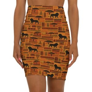 African Safari Lion Pattern Pencil Skirt | Tribal Print, Orange Black