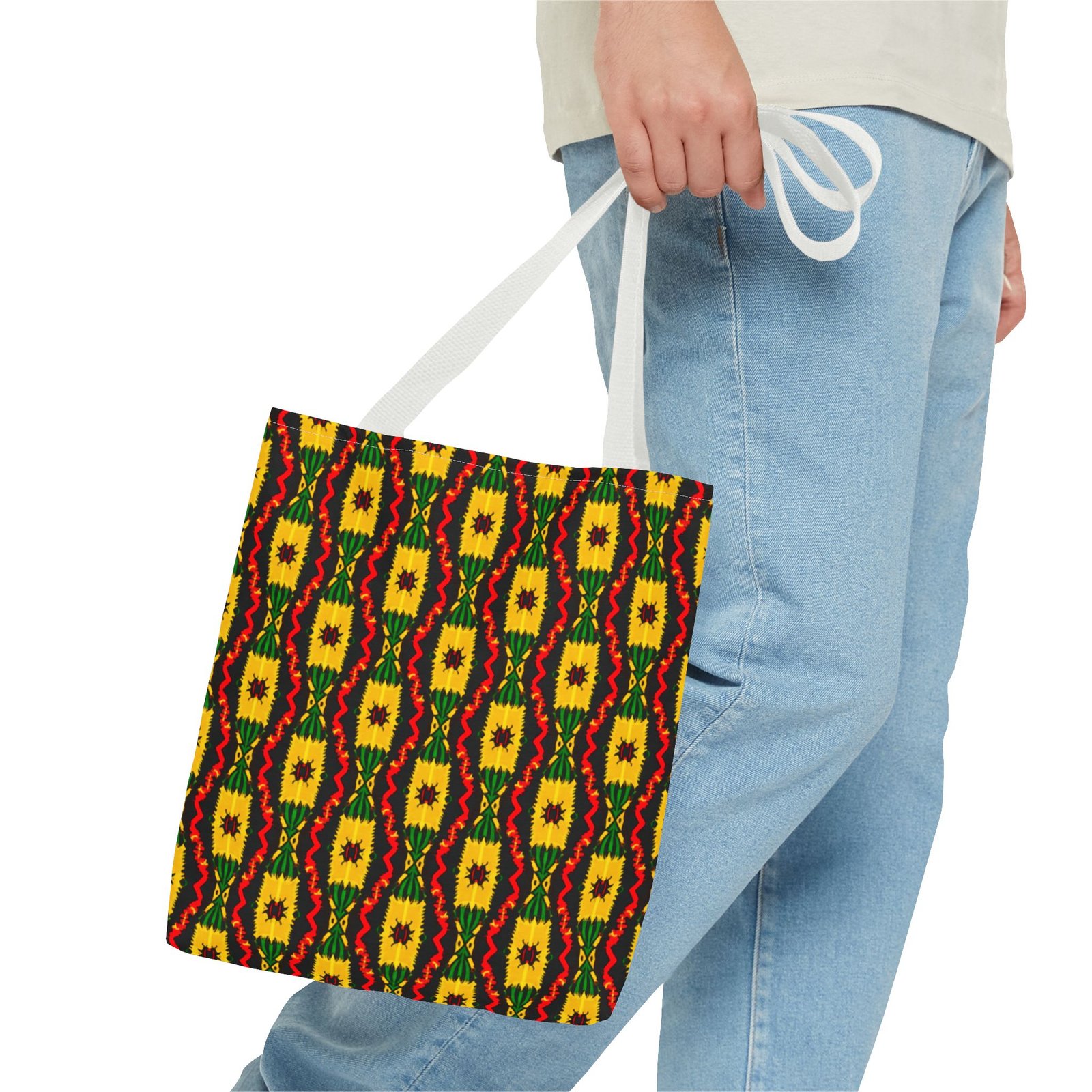 African Geometric Pattern Tote Bag | Yellow Red Green Print - Image 7