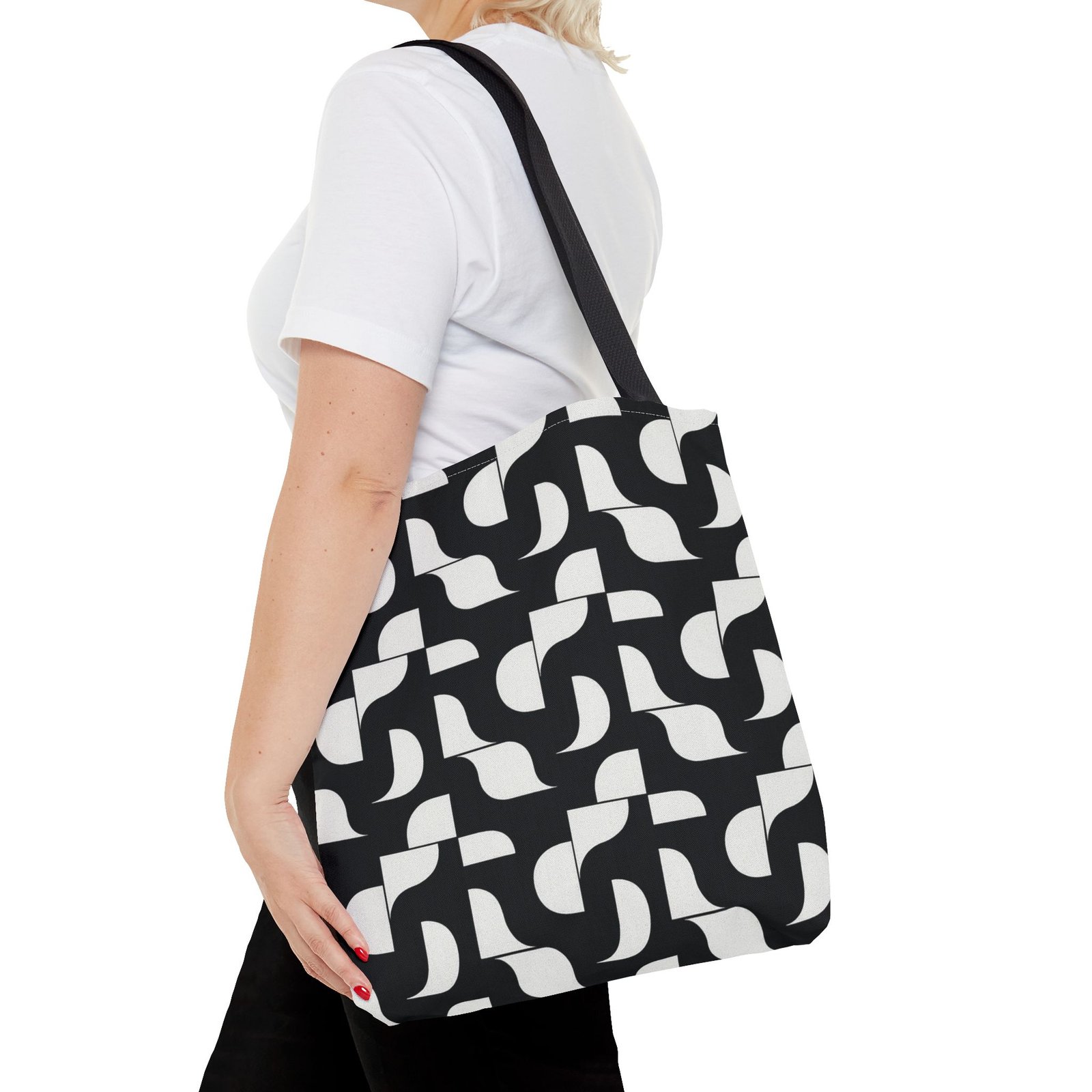 Monochrome Geometric Tote Bag, Black and White Patterned Shopping Bag, Stylish Shoulder Bag, Reusable Grocery Tote, Eco-Friendly Carryall, - Image 8