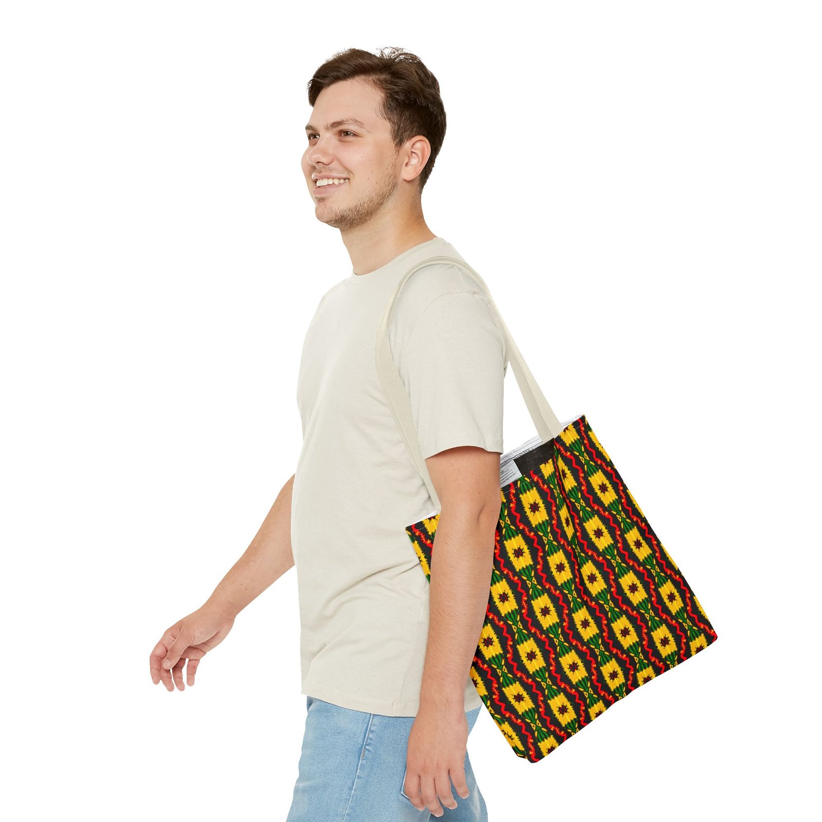 African Geometric Pattern Tote Bag | Yellow Red Green Print - Image 15