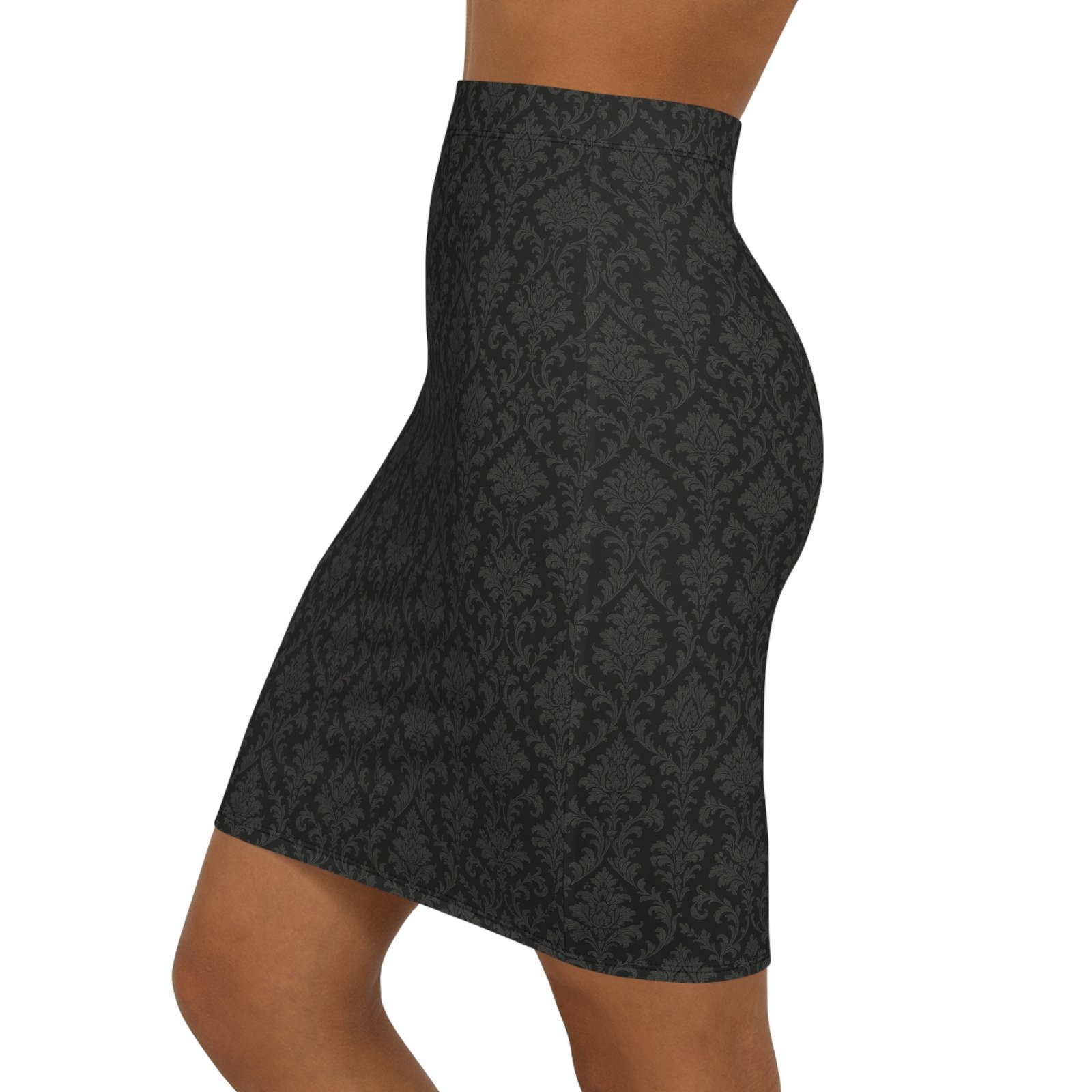Black Damask Pattern Pencil Skirt | Mid-Waist - Image 3