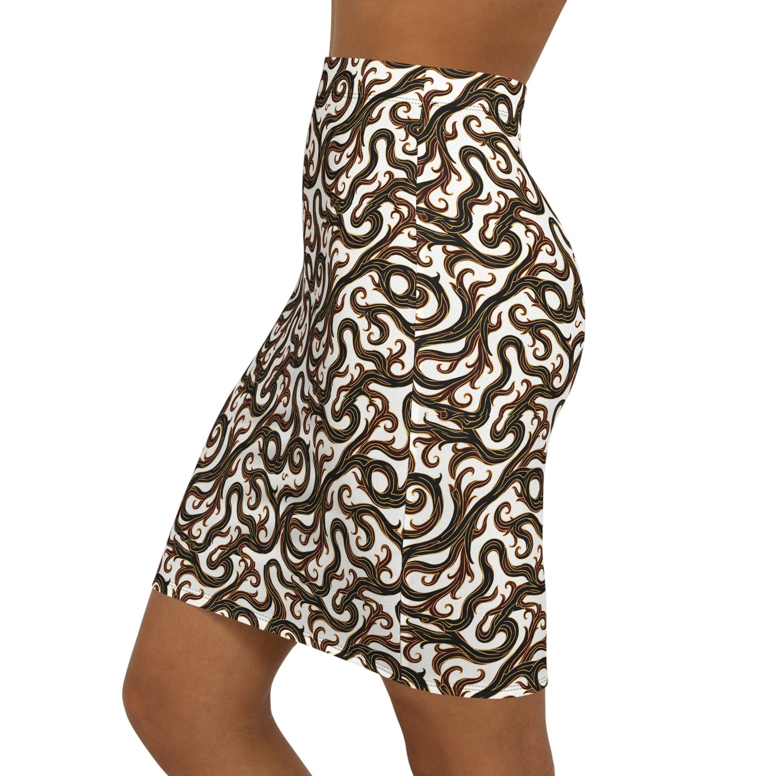 Abstract Brown Swirl Pattern Pencil Skirt | Mid-Waist Printed Skirt - Image 3