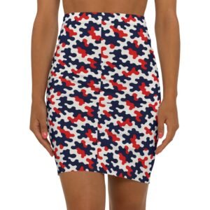 Red Navy White Abstract Camouflage Pencil Skirt | Mid-Waist