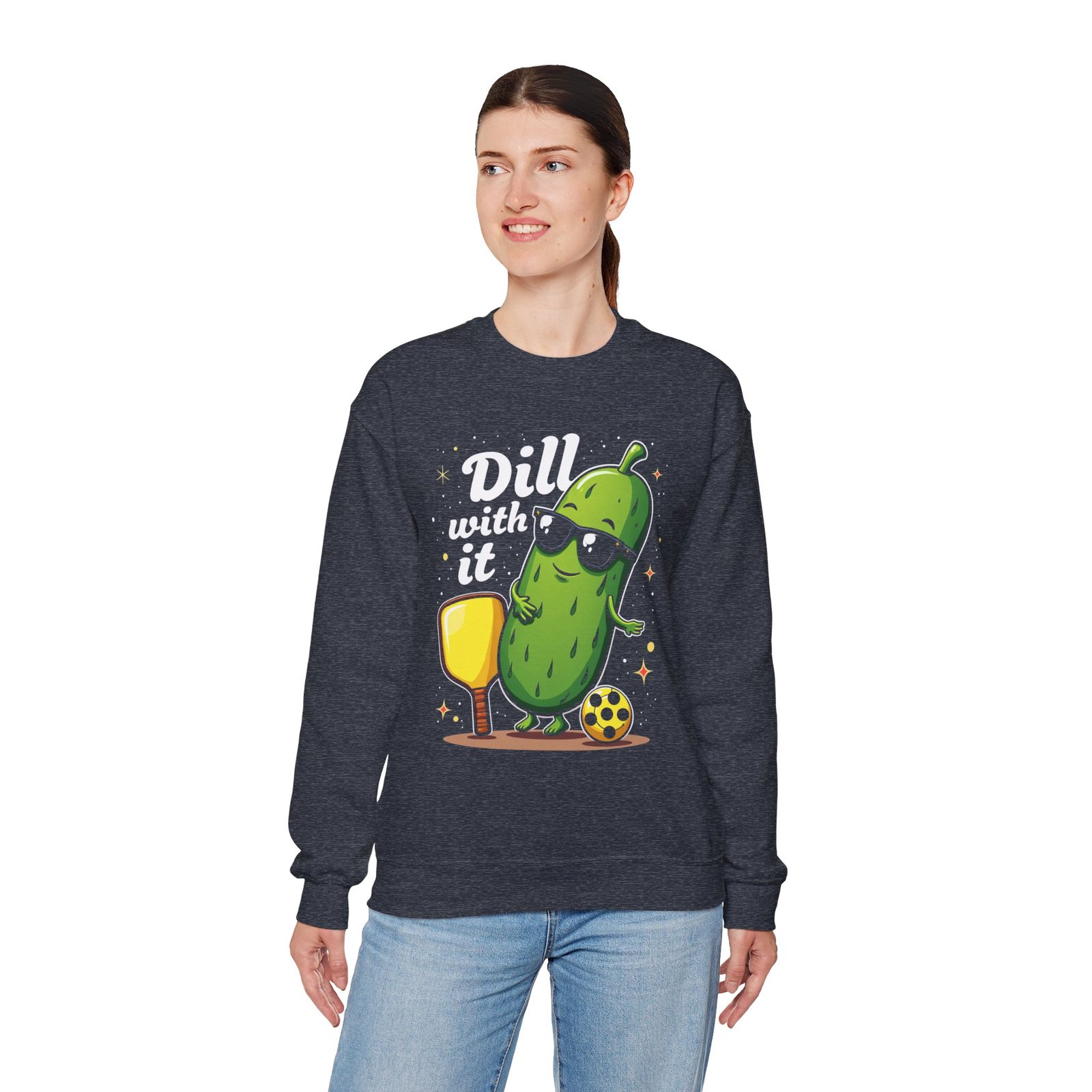 Dill With It pickle character Crewneck Sweatshirt | pickleball, funny pun - Image 14
