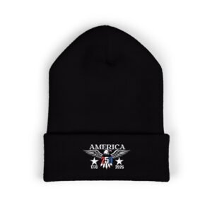 Embroidered America 250 Beanie Hat, USA Bicentennial Cap, Patriotic Knit Headwear, Red White Blue Winter Accessory, Classic Cuffed Beanie
