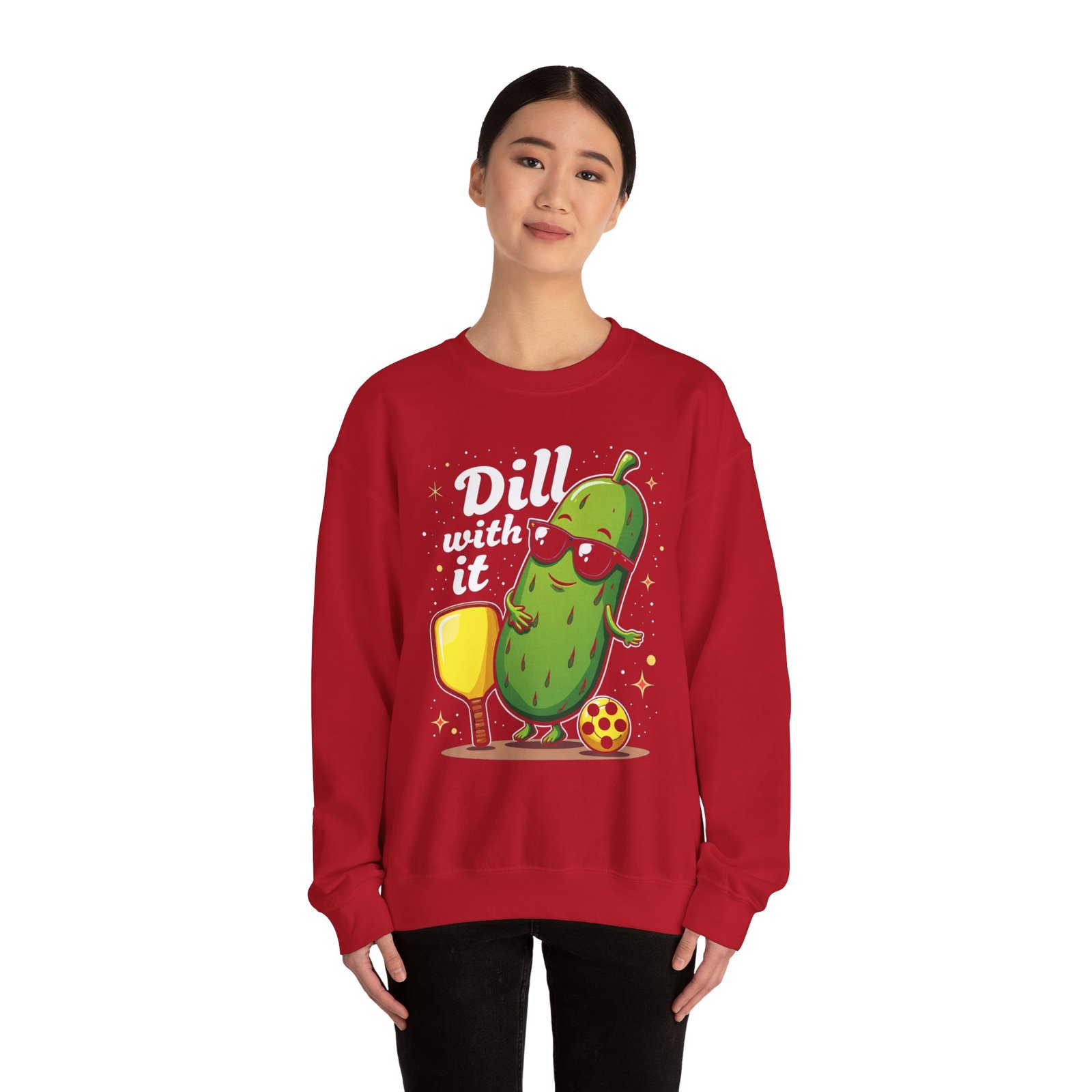 Dill With It pickle character Crewneck Sweatshirt | pickleball, funny pun - Image 34