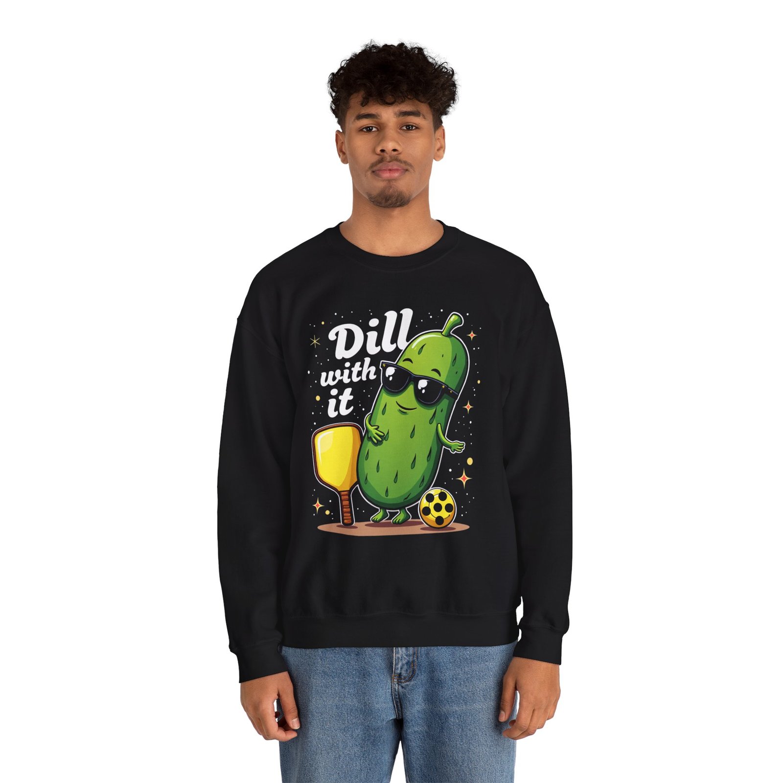 Dill With It pickle character Crewneck Sweatshirt | pickleball, funny pun - Image 4
