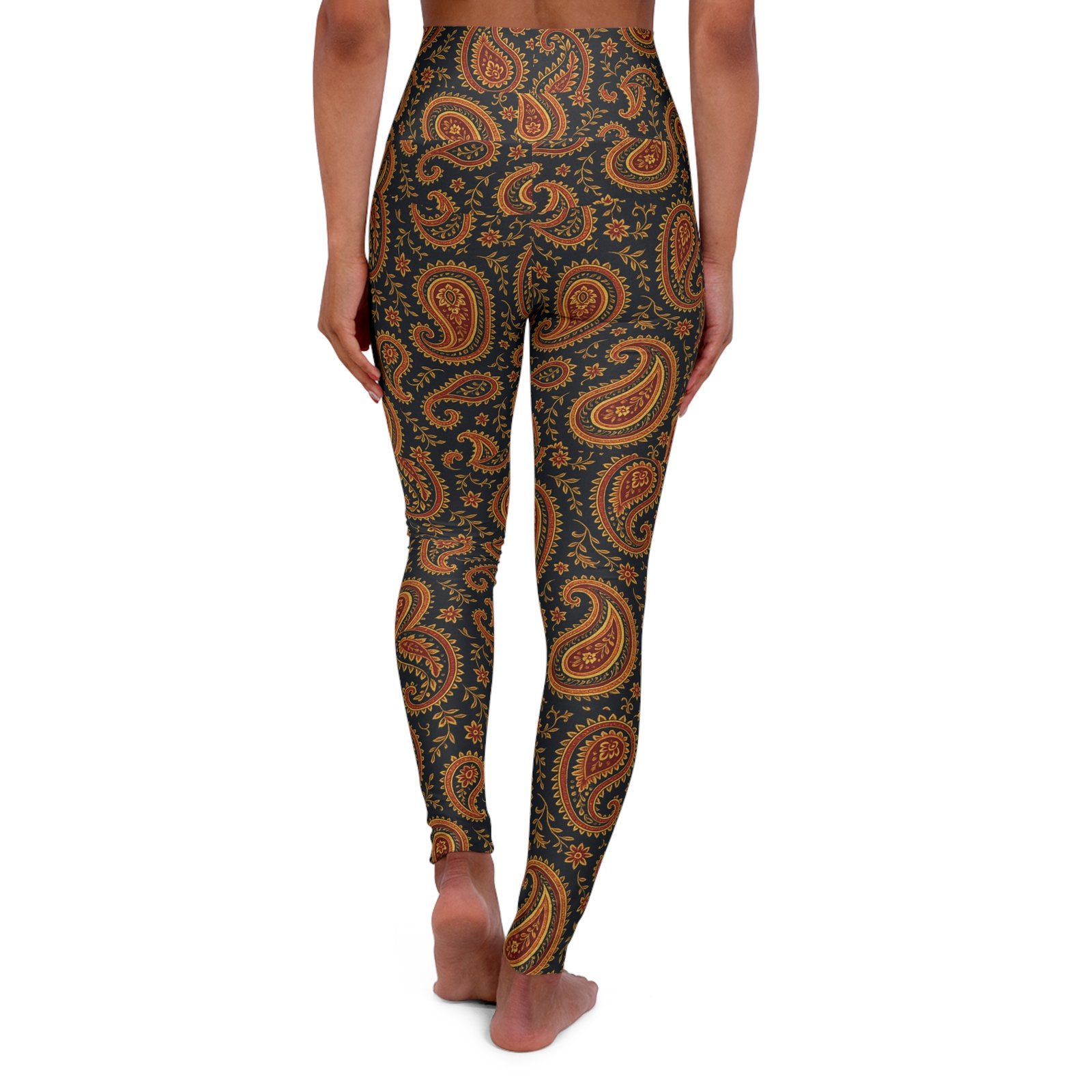 Autumn Paisley Print Leggings High Waisted Yoga Leggings | Brown Orange Patterned - Image 2