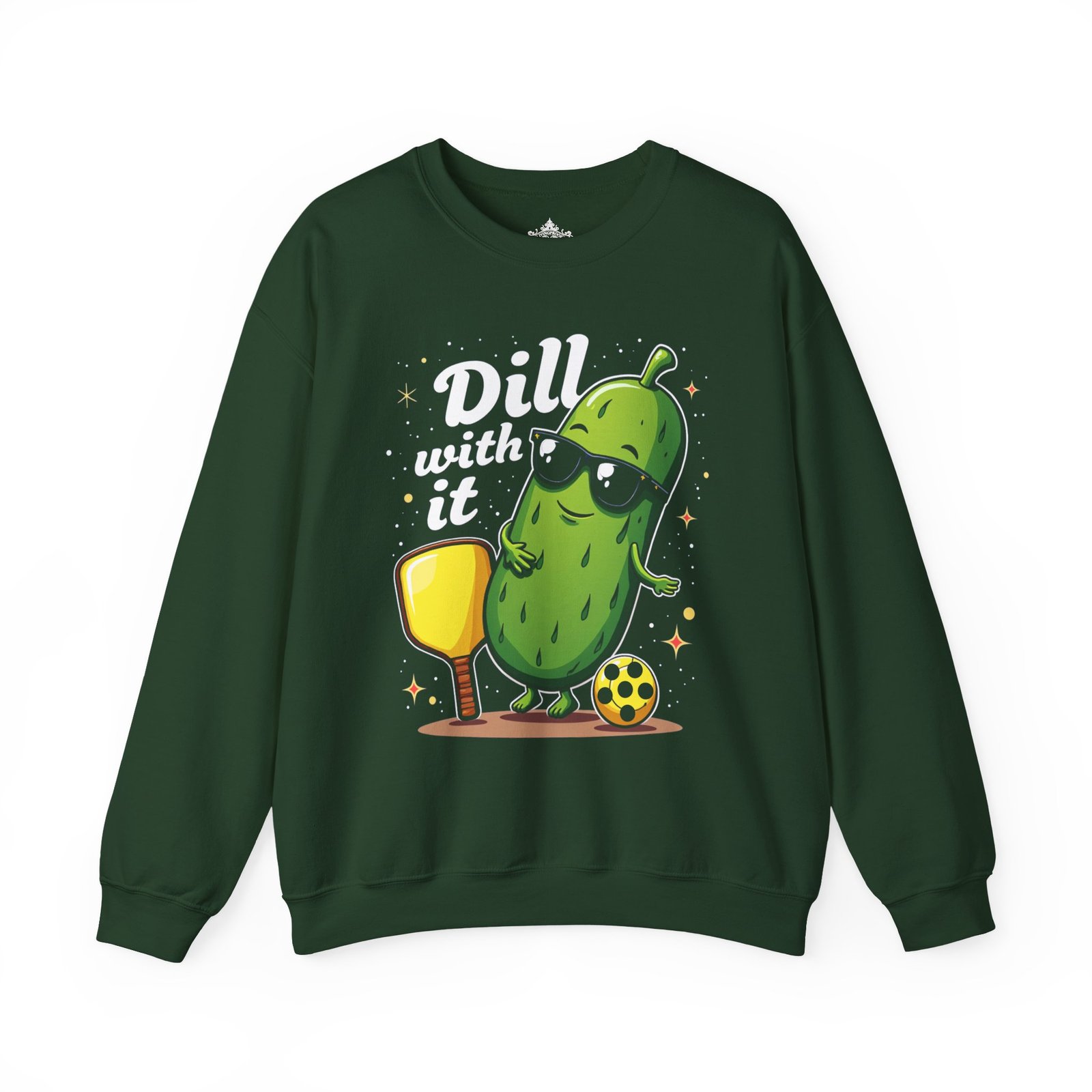 Dill With It pickle character Crewneck Sweatshirt | pickleball, funny pun - Image 6