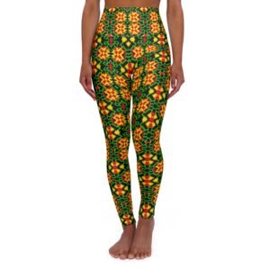 Green Geometric Floral Pattern Leggings | High Waisted Yoga Leggings