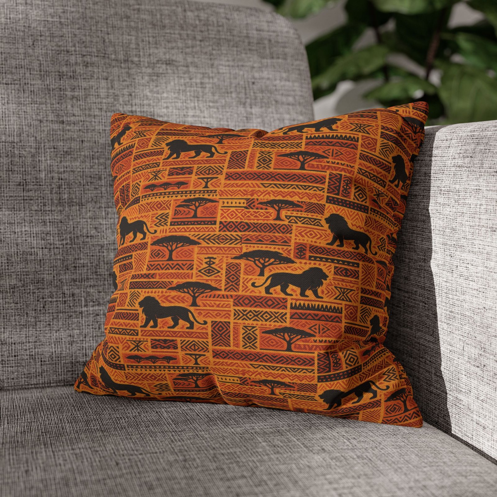African Safari Pattern Pillowcase | Lion Silhouette Square Pillow