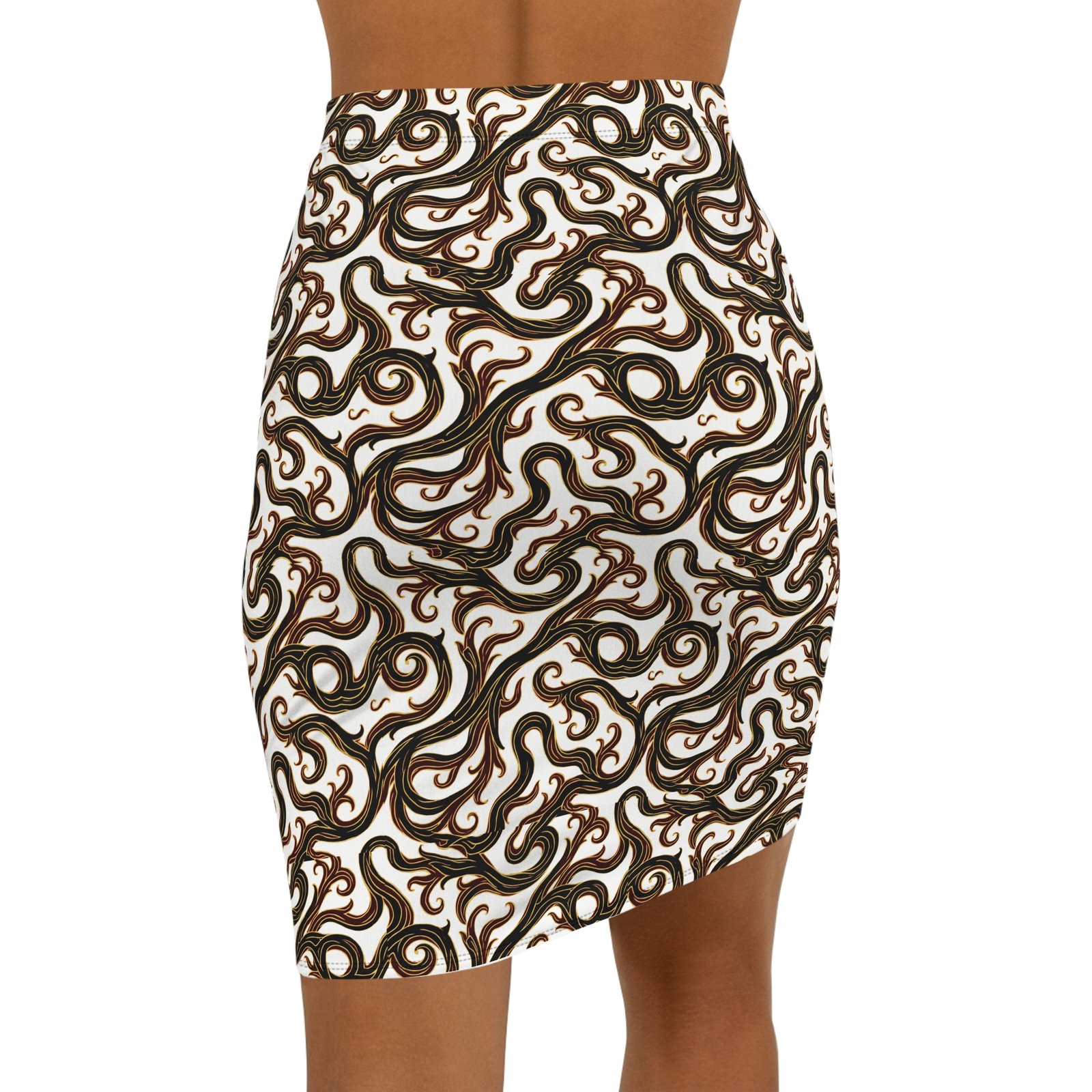 Abstract Brown Swirl Pattern Pencil Skirt | Mid-Waist Printed Skirt - Image 2