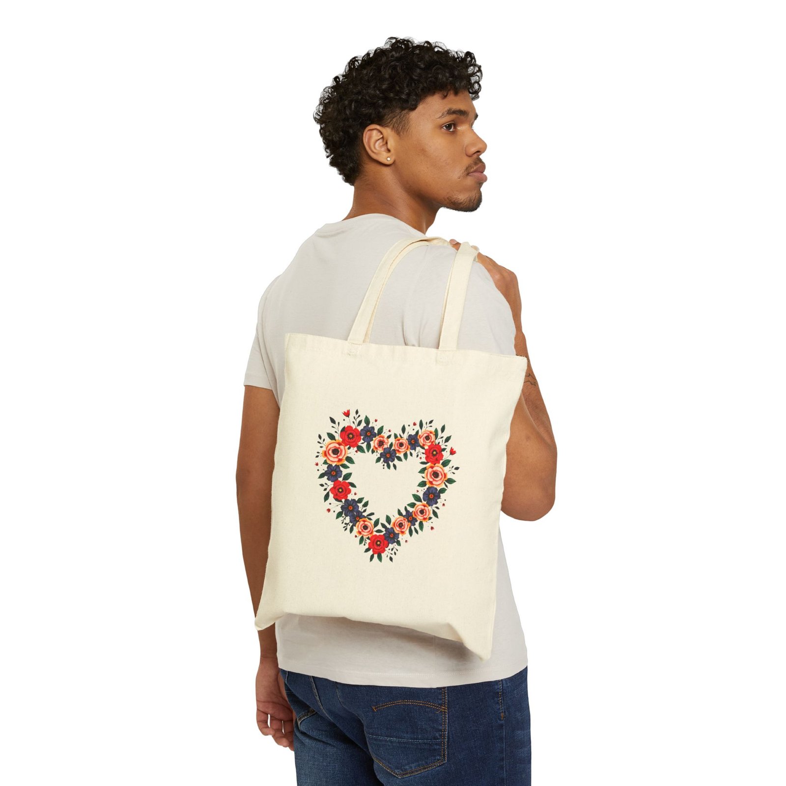 Floral Heart Cotton Canvas Tote Bag, Eco-Friendly Grocery Bag, Gift for Her, Everyday Use, Mother's Day - Image 3