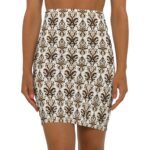 Brown Damask Pattern Pencil Skirt | Floral Baroque Print Skirt