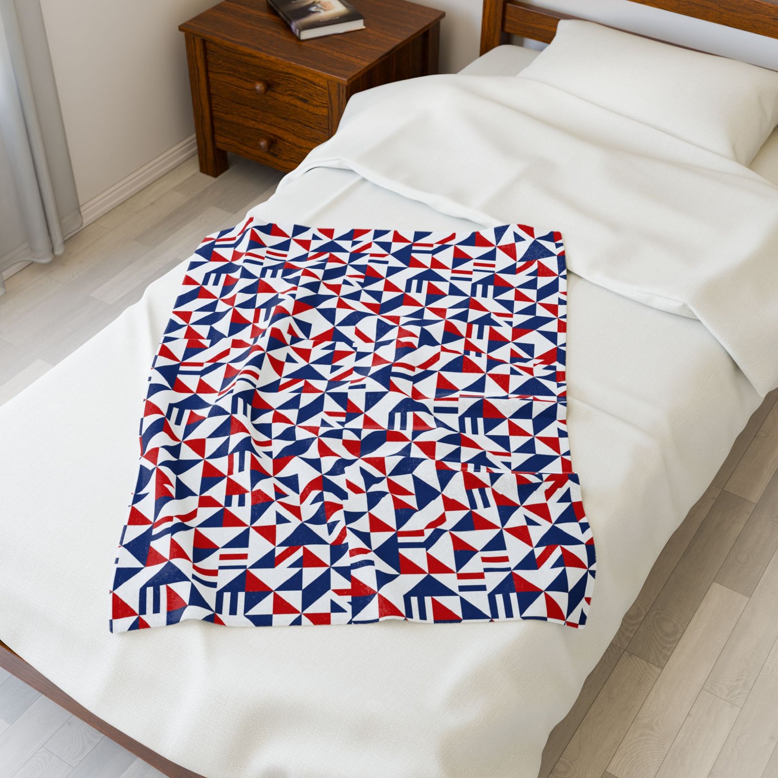 Geometric Red Blue Triangle Pattern Velveteen Plush Blanket | Nautical Modern Throw - Image 11