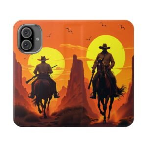 iPhone 16 Western Sunset Flip Case - Phone Holder, Cowboy Design, Stylish Accessory, Gift for Him, Unique Case for Nature Lovers