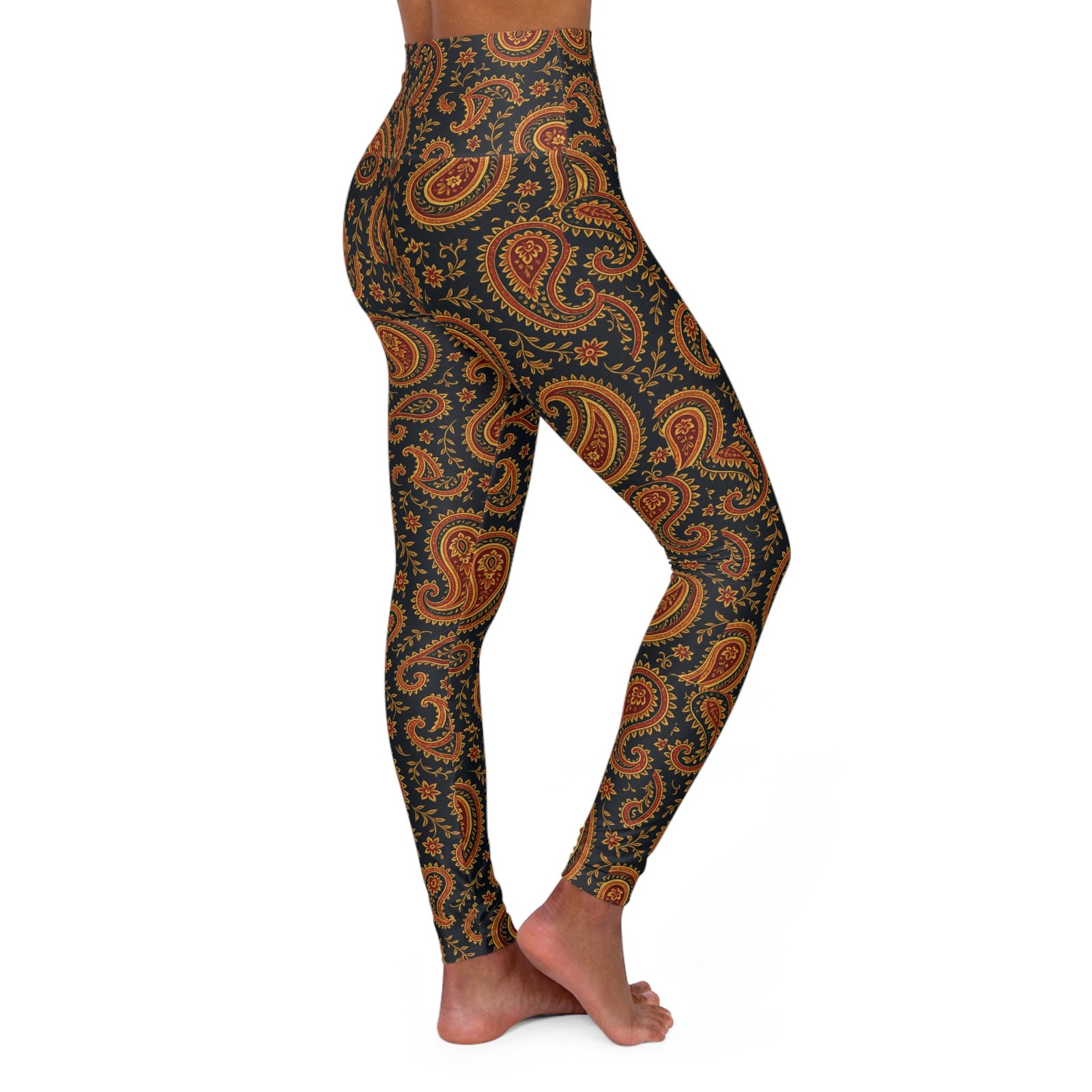 Autumn Paisley Print Leggings High Waisted Yoga Leggings | Brown Orange Patterned - Image 4