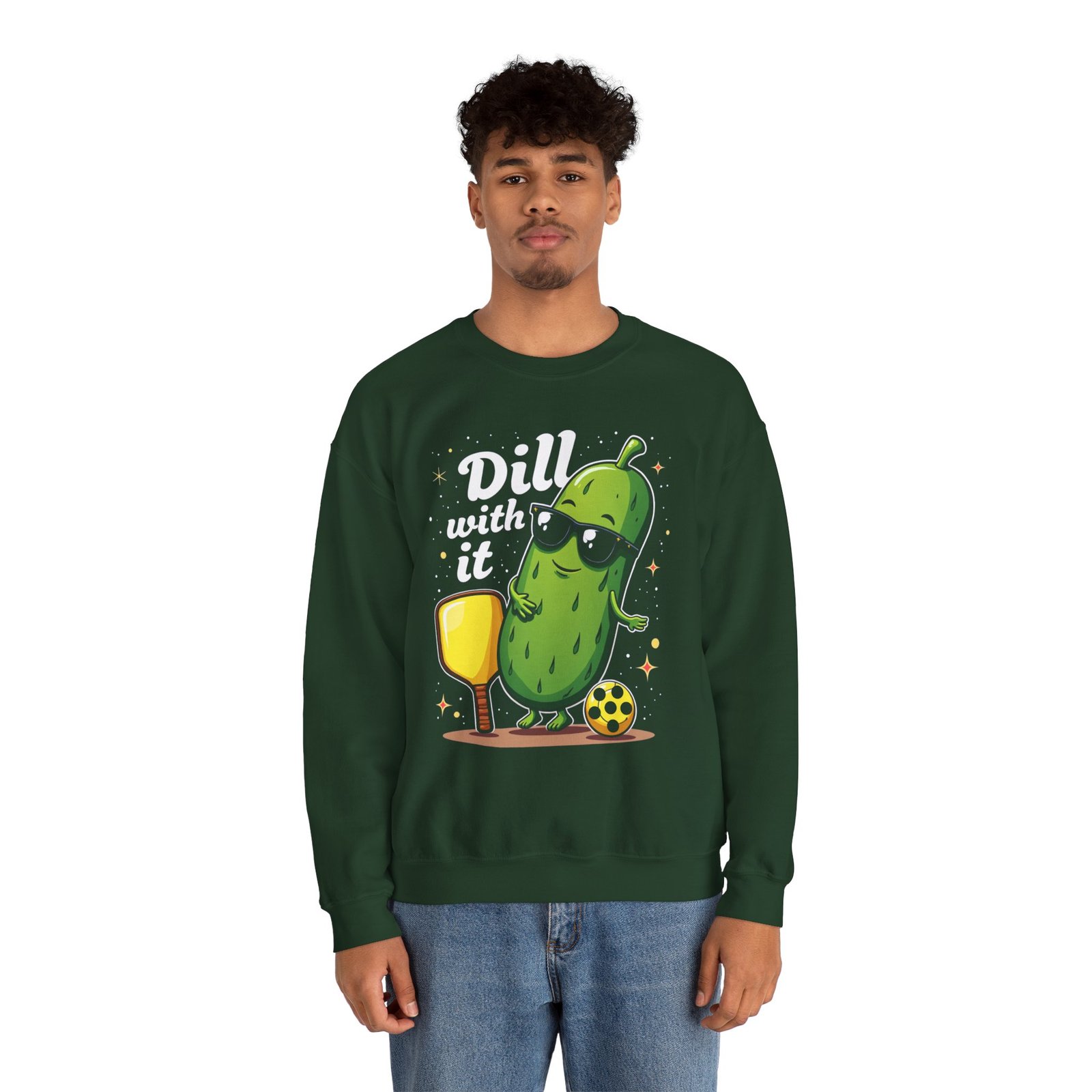 Dill With It pickle character Crewneck Sweatshirt | pickleball, funny pun - Image 9