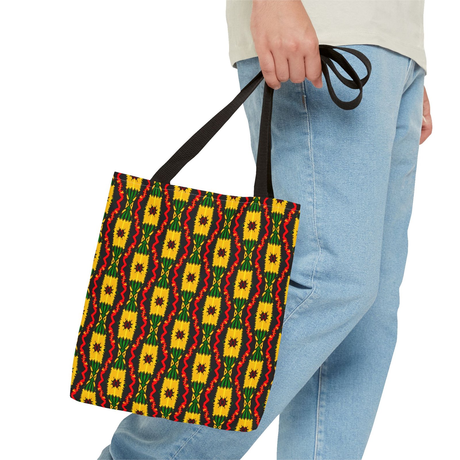 African Geometric Pattern Tote Bag | Yellow Red Green Print - Image 3