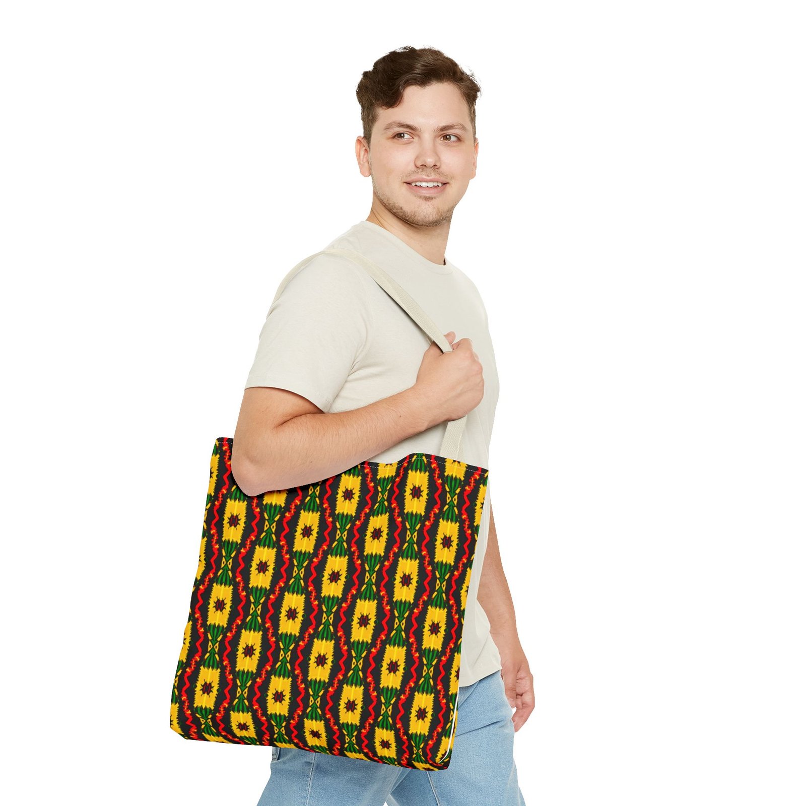 African Geometric Pattern Tote Bag | Yellow Red Green Print - Image 19