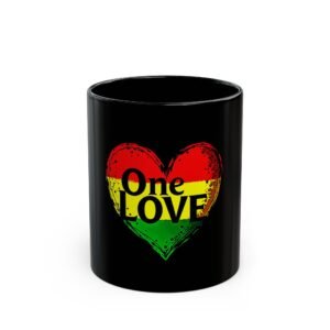 Rasta One Love Mug, Black Coffee Cup, Gift for Music Lovers, Hipster Mug, Unique Tea Cup, Colorful Heart Design