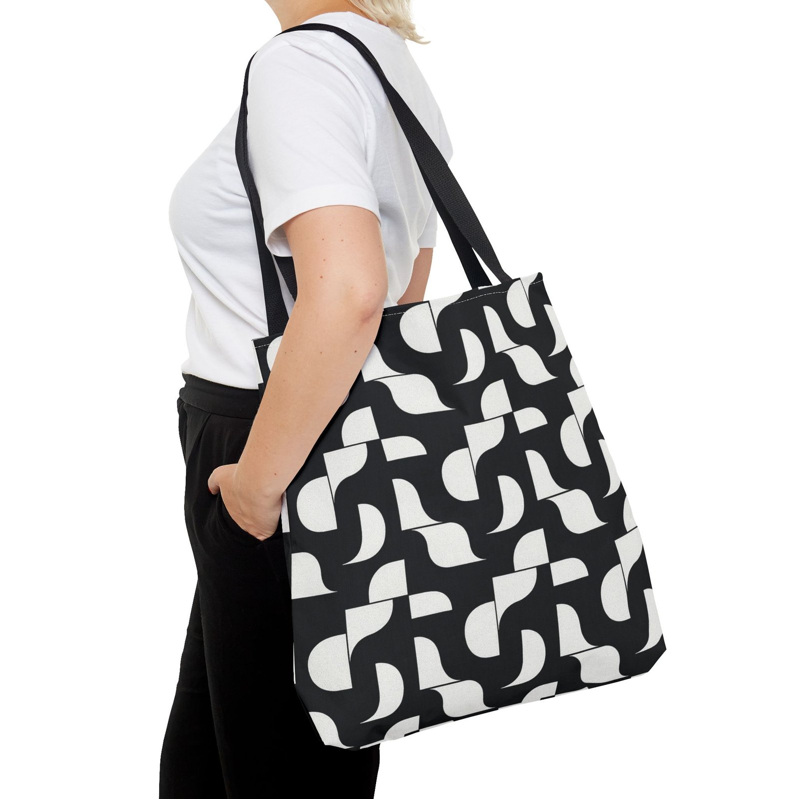 Monochrome Geometric Tote Bag, Black and White Patterned Shopping Bag, Stylish Shoulder Bag, Reusable Grocery Tote, Eco-Friendly Carryall, - Image 12