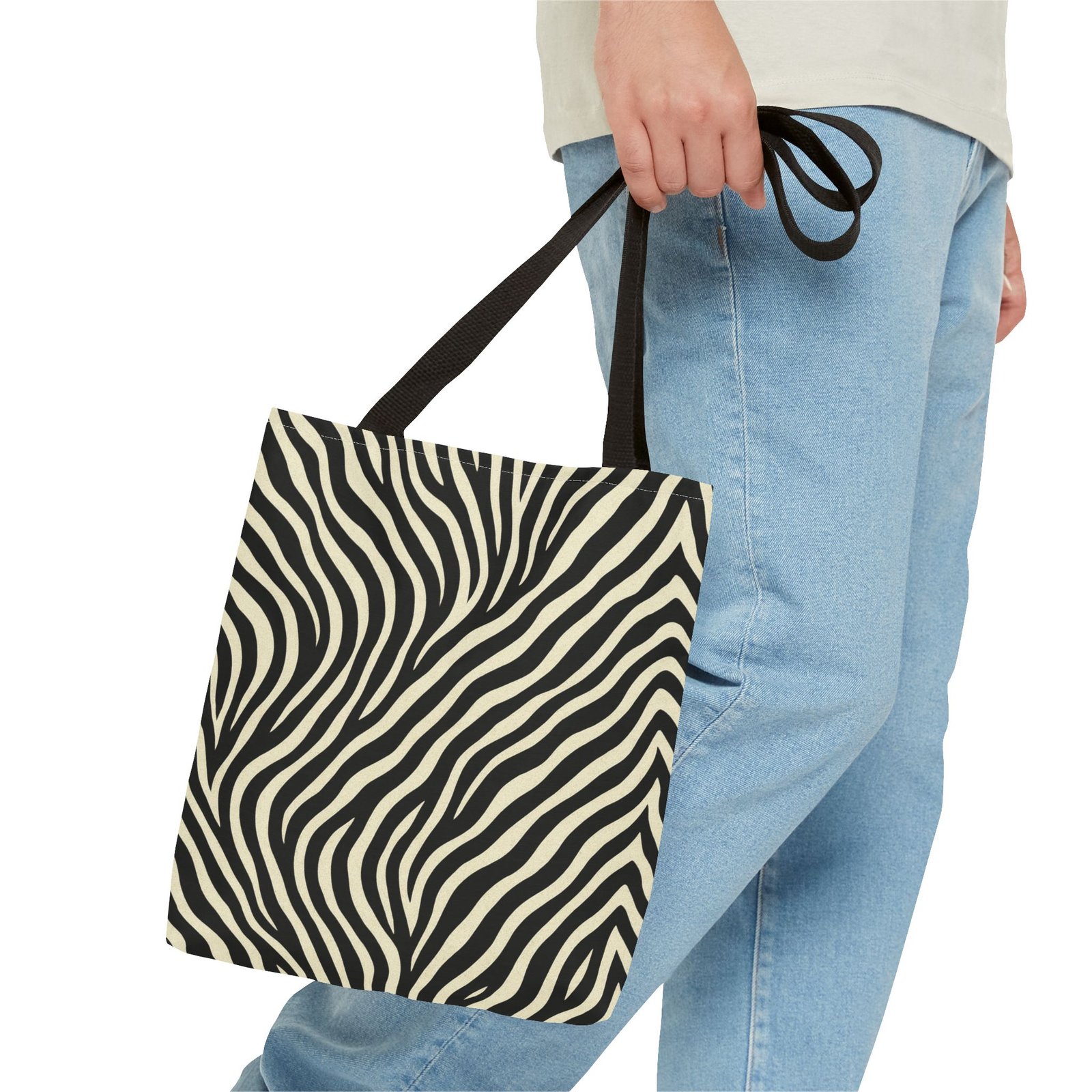 Zebra Stripe Pattern Tote Bag | Animal Print, Black White, All-Over Print - Image 3