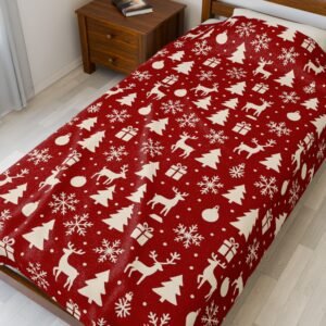 Red Christmas Pattern Velveteen Plush Blanket | Reindeer, Trees, Snowflakes