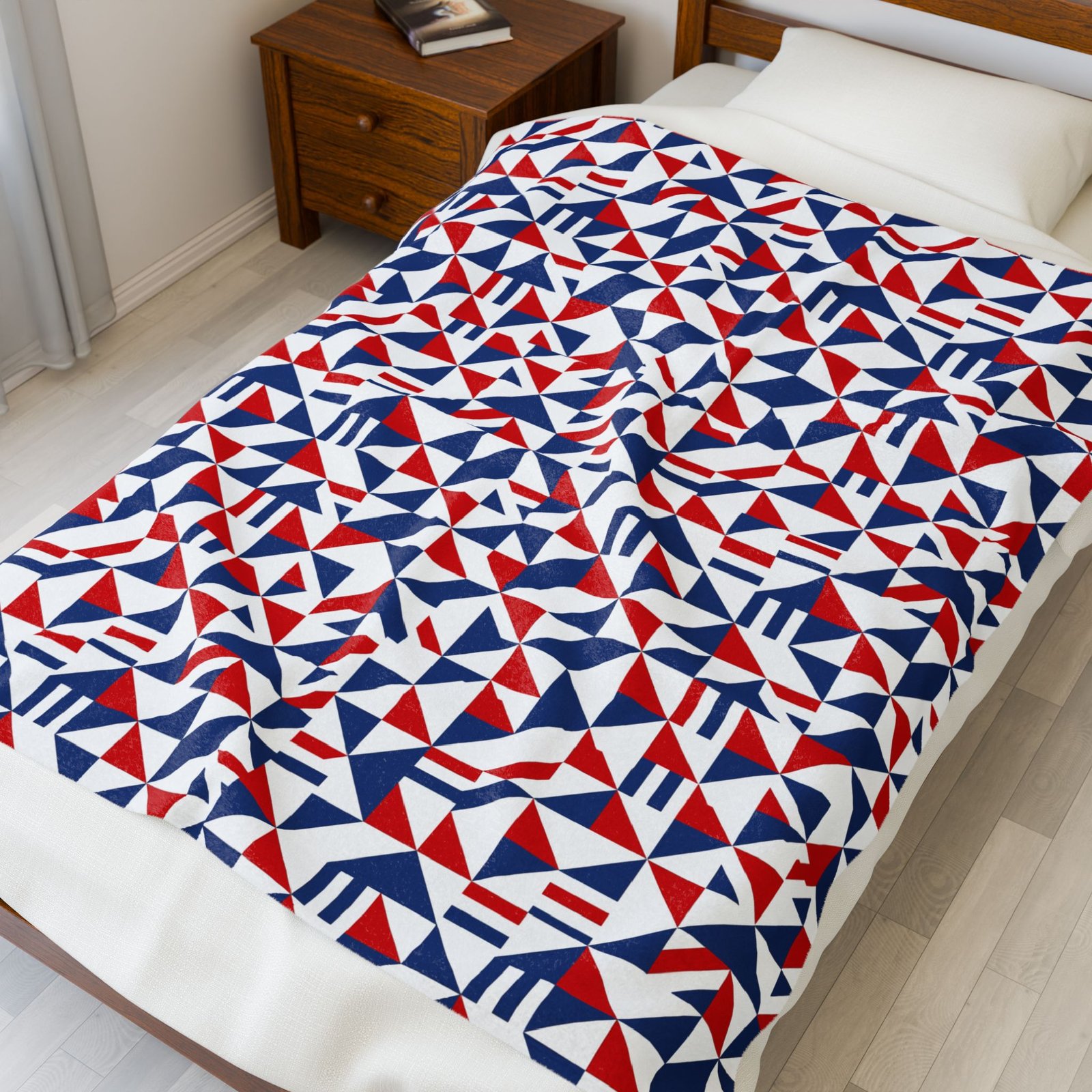 Geometric Red Blue Triangle Pattern Velveteen Plush Blanket | Nautical Modern Throw - Image 3