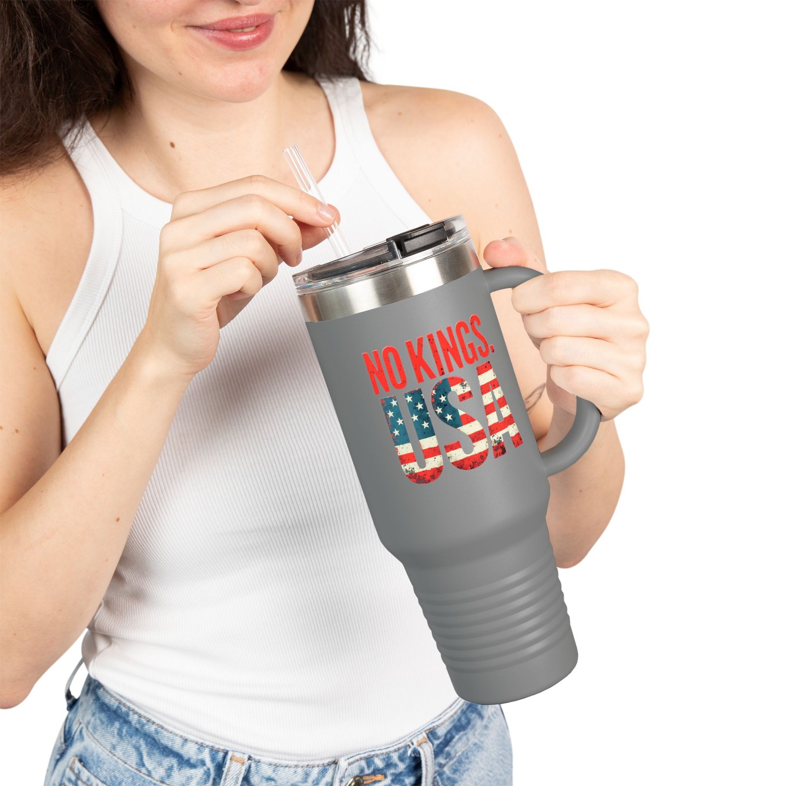 No Kings USA Travel Mug | Patriotic American Flag Text 40oz Insulated Tumbler - Image 12