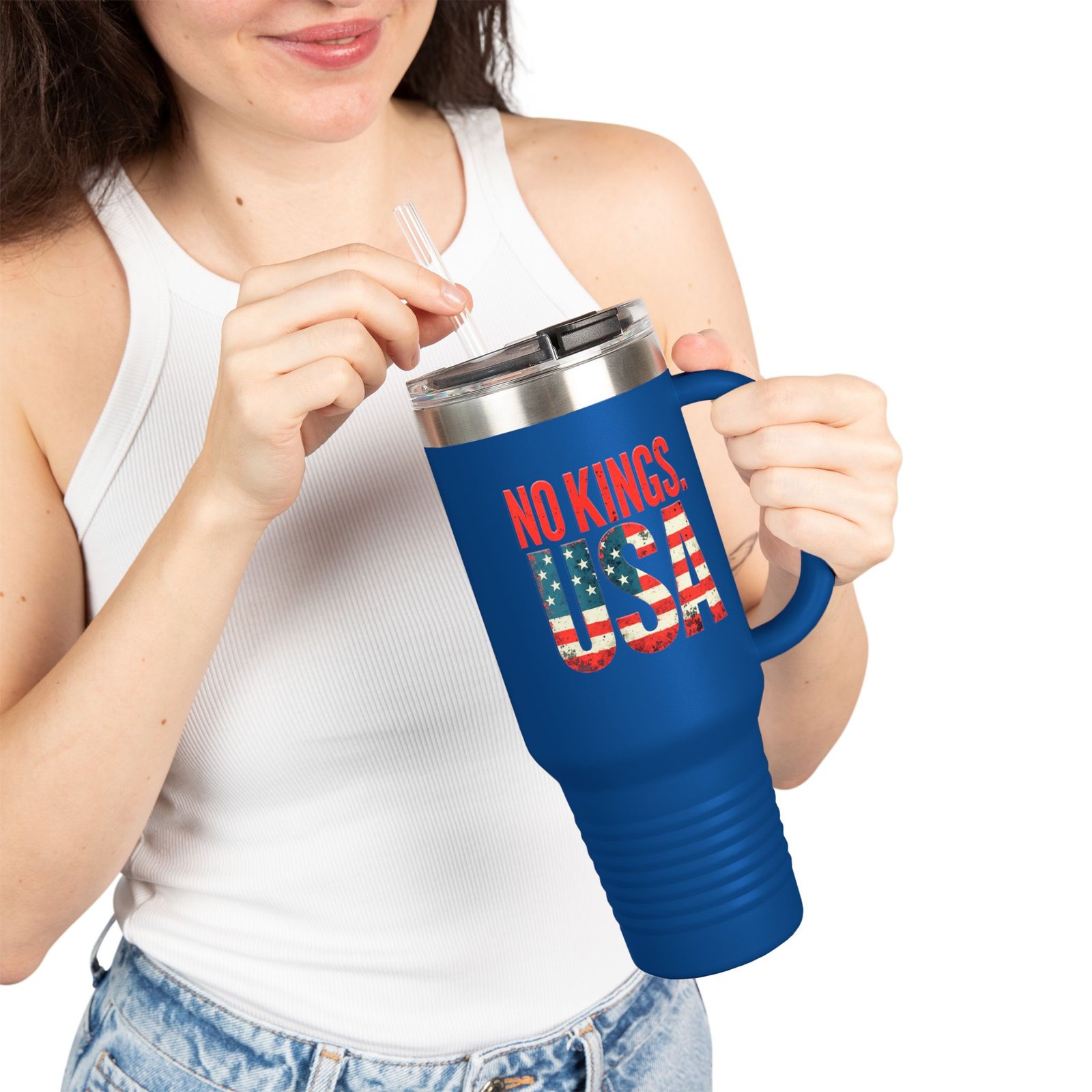 No Kings USA Travel Mug | Patriotic American Flag Text 40oz Insulated Tumbler - Image 15