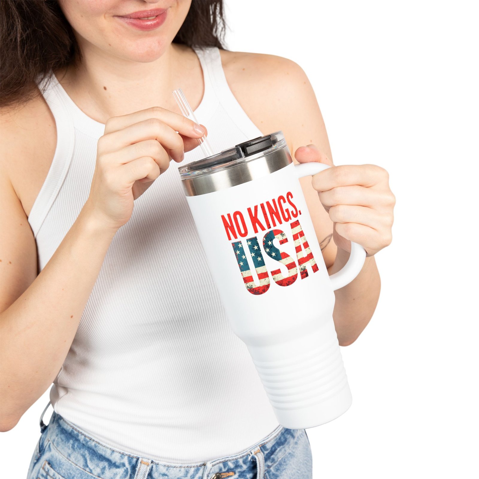 No Kings USA Travel Mug | Patriotic American Flag Text 40oz Insulated Tumbler - Image 6