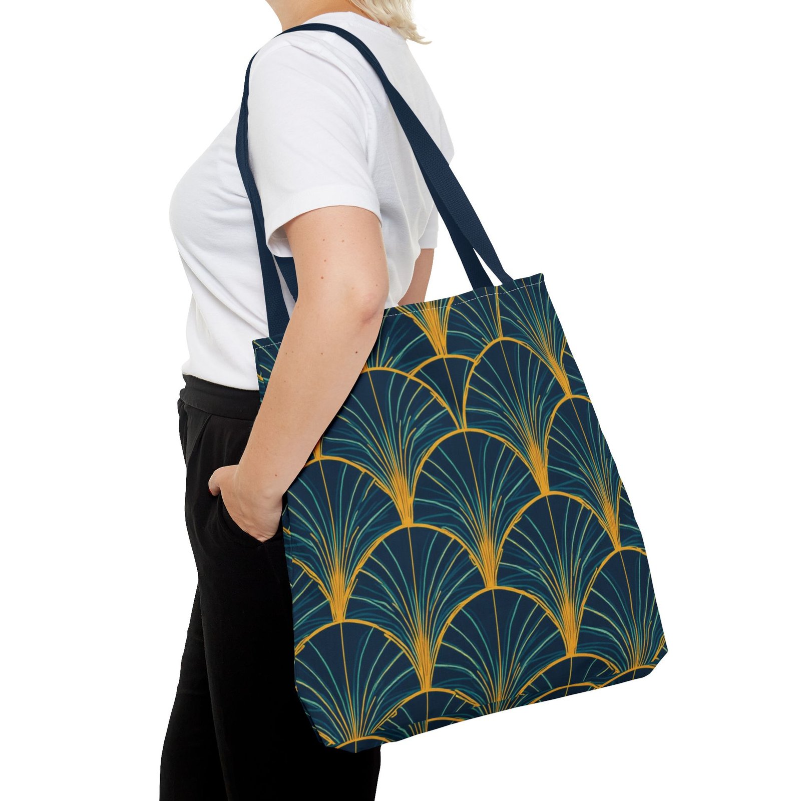Patina Blue Fan Pattern Tote Bag | Teal Gold Geometric All-Over Print - Image 4